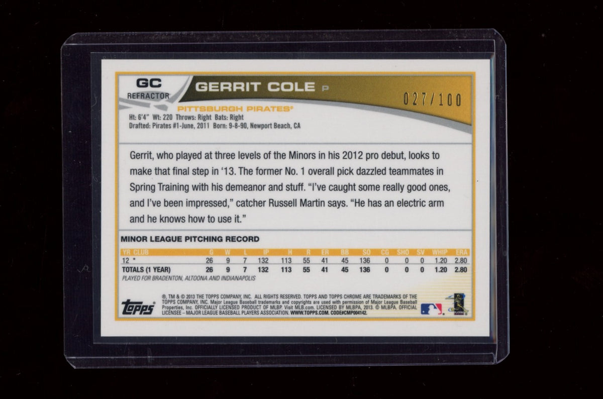 2013 Topps Chrome #GC Gerrit Cole Rookie Autographs Black Refractors #/100