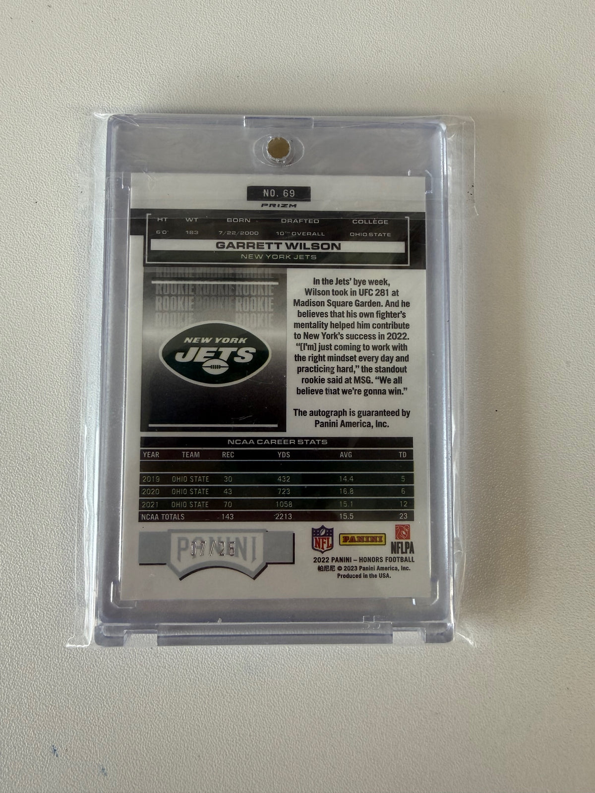 2022 Panini Honors #69 Garrett Wilson Signatures Orange #/25