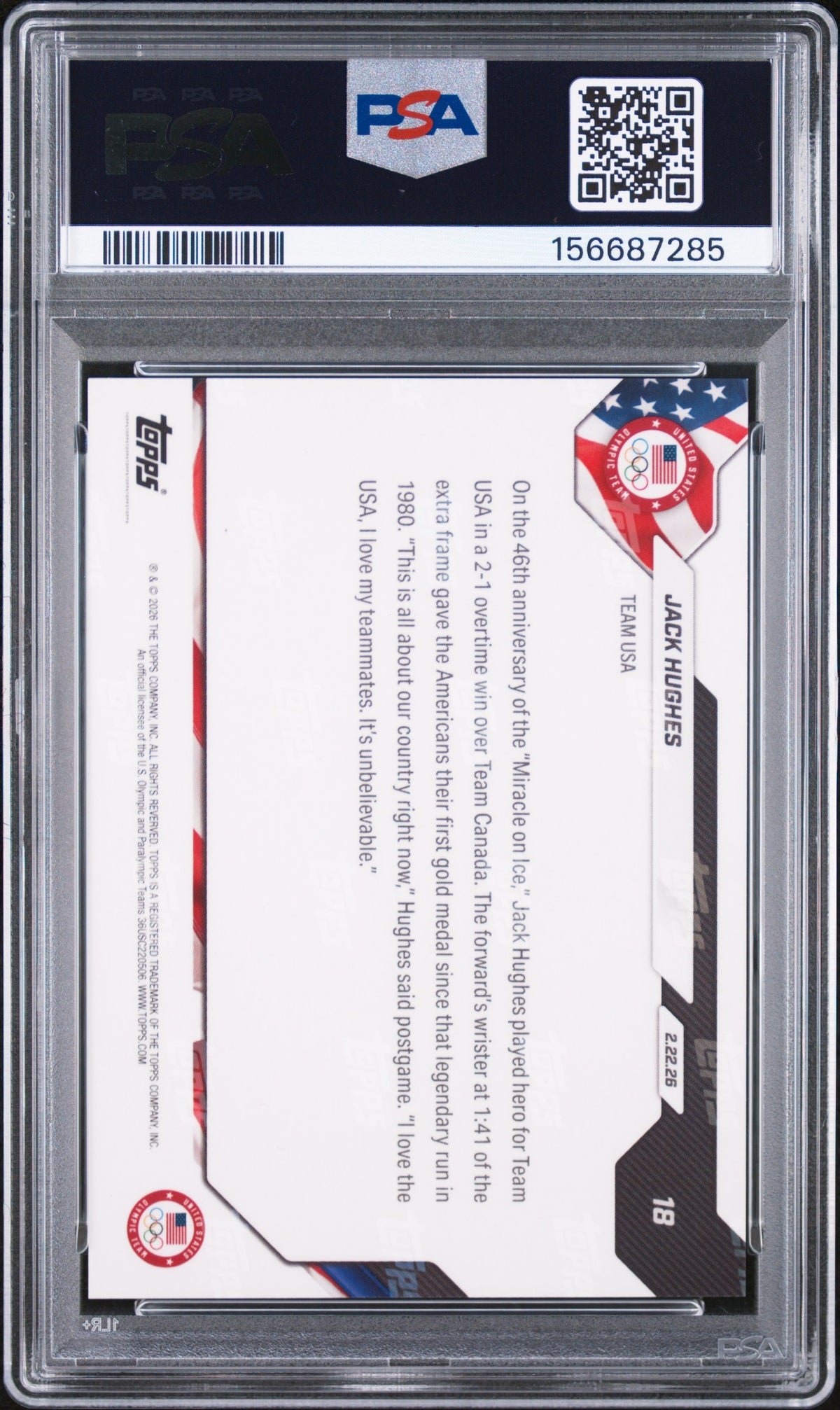 2026 Topps Now 2026 Olympics #18 Jack Hughes PSA 10