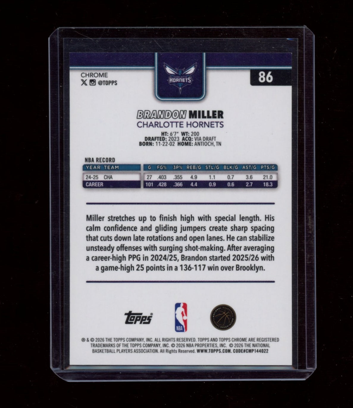 2025-26 Topps Chrome Update #86 Brandon Miller Gold Basketball Refractor #/50