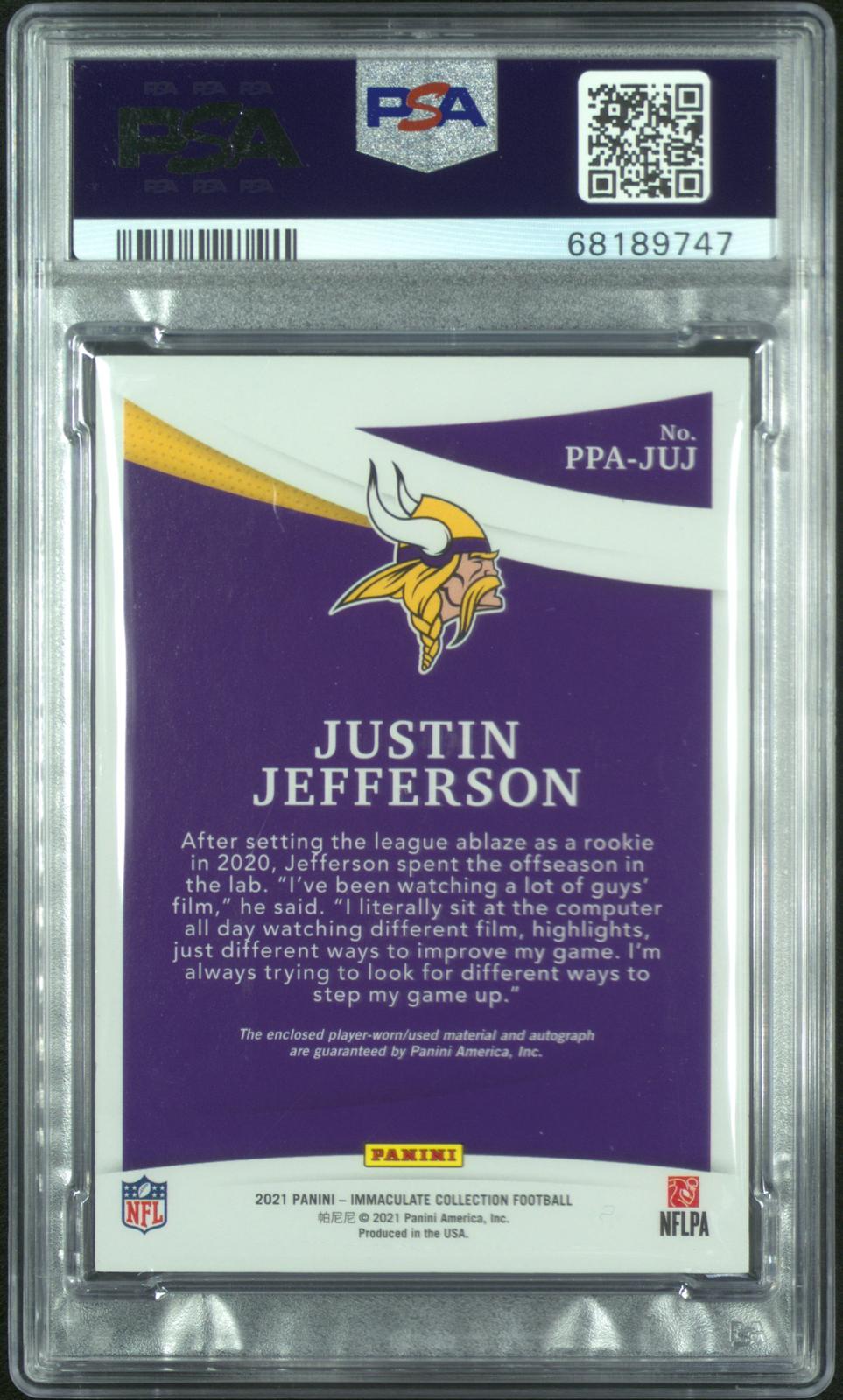2021 Immaculate Justin Jefferson Patch Auto Gold /10 PSA 9
