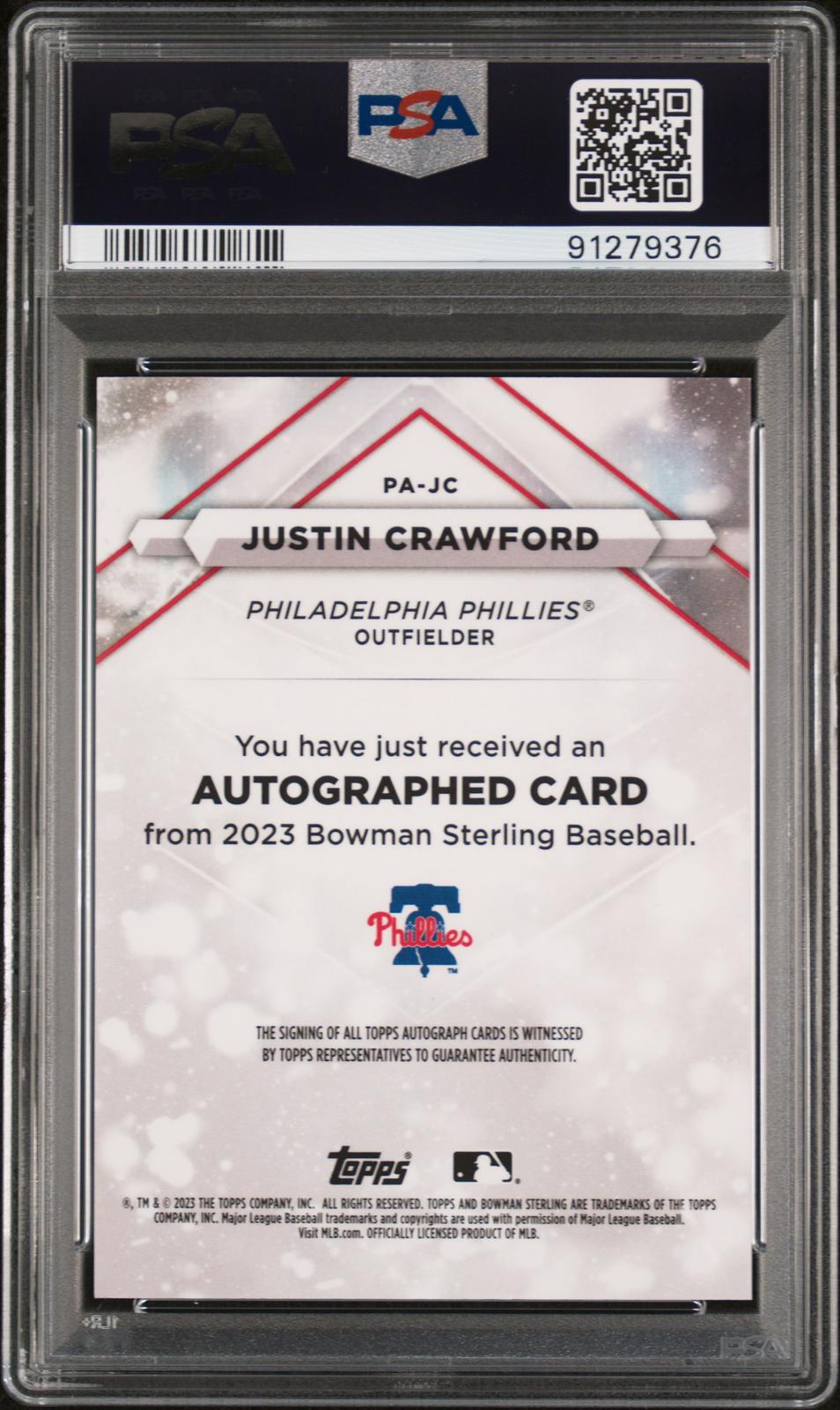 2023 Bowman Sterling Prospect Auto #PAJC Justin Crawford Speckle Ref PSA 10