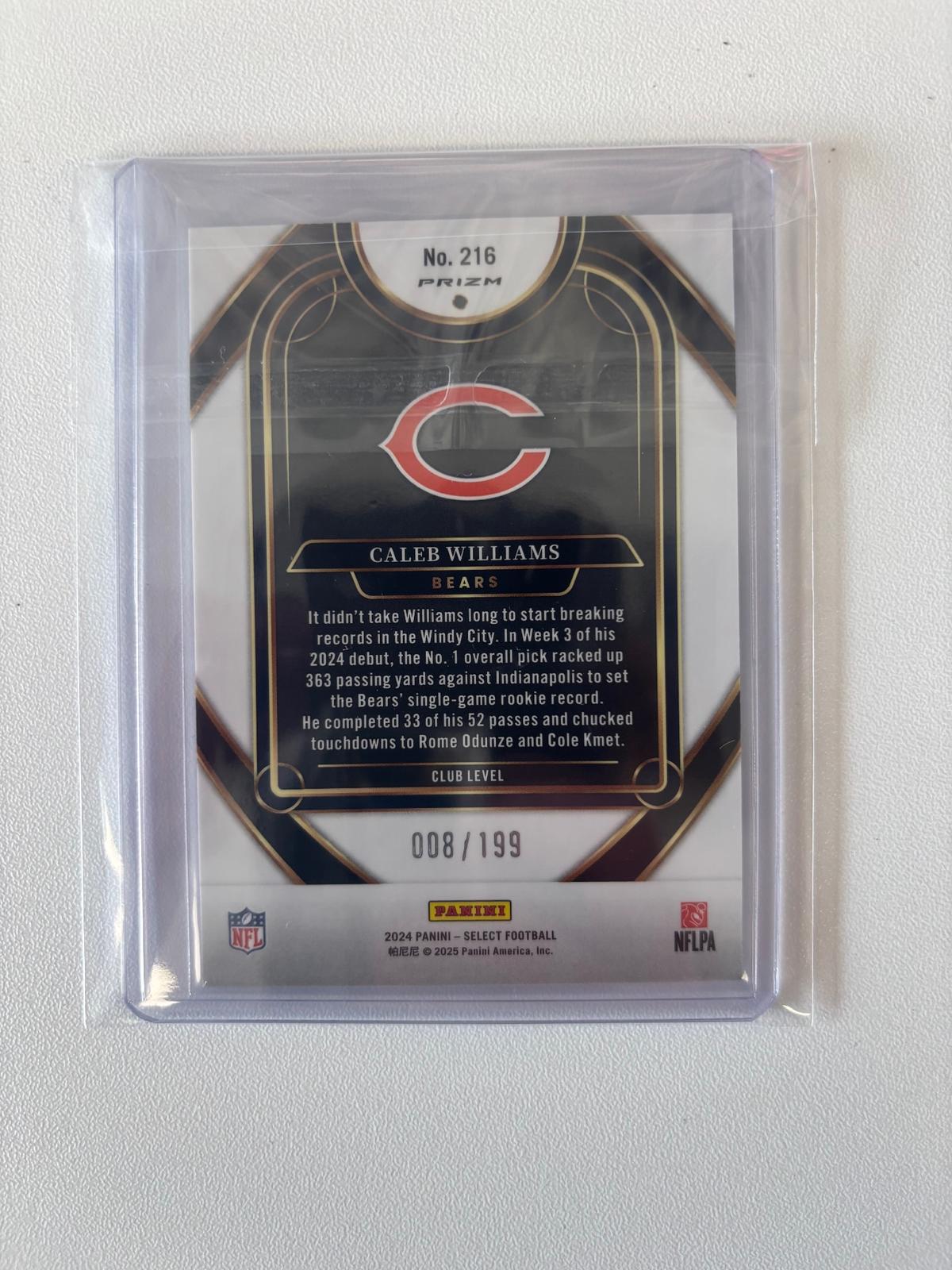 2024 Panini Select Caleb Williams White Prizm Shock Club Level /199