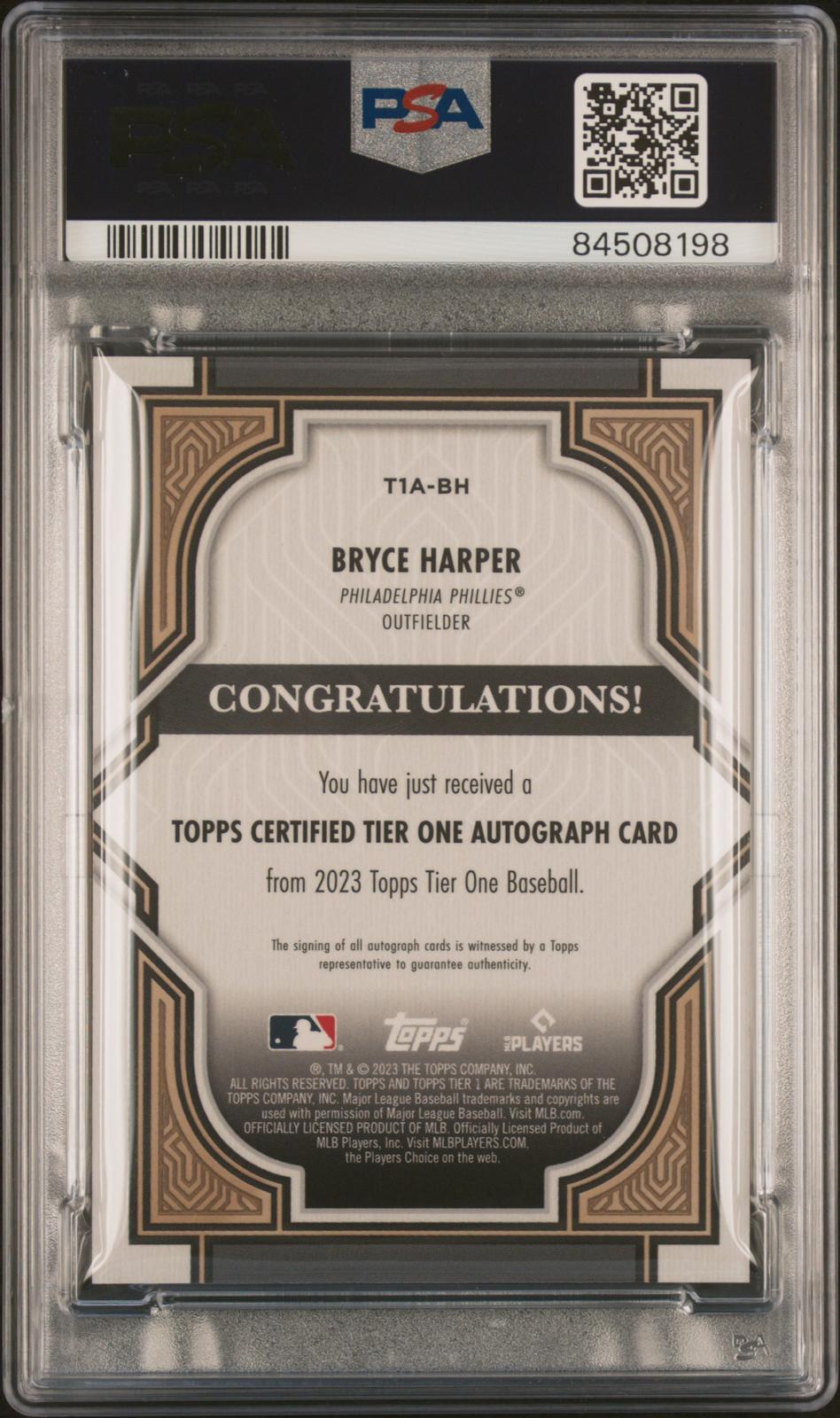 2023 Topps Tier One Autographs #T1ABH Bryce Harper Autograph-Silver Ink PSA 9
