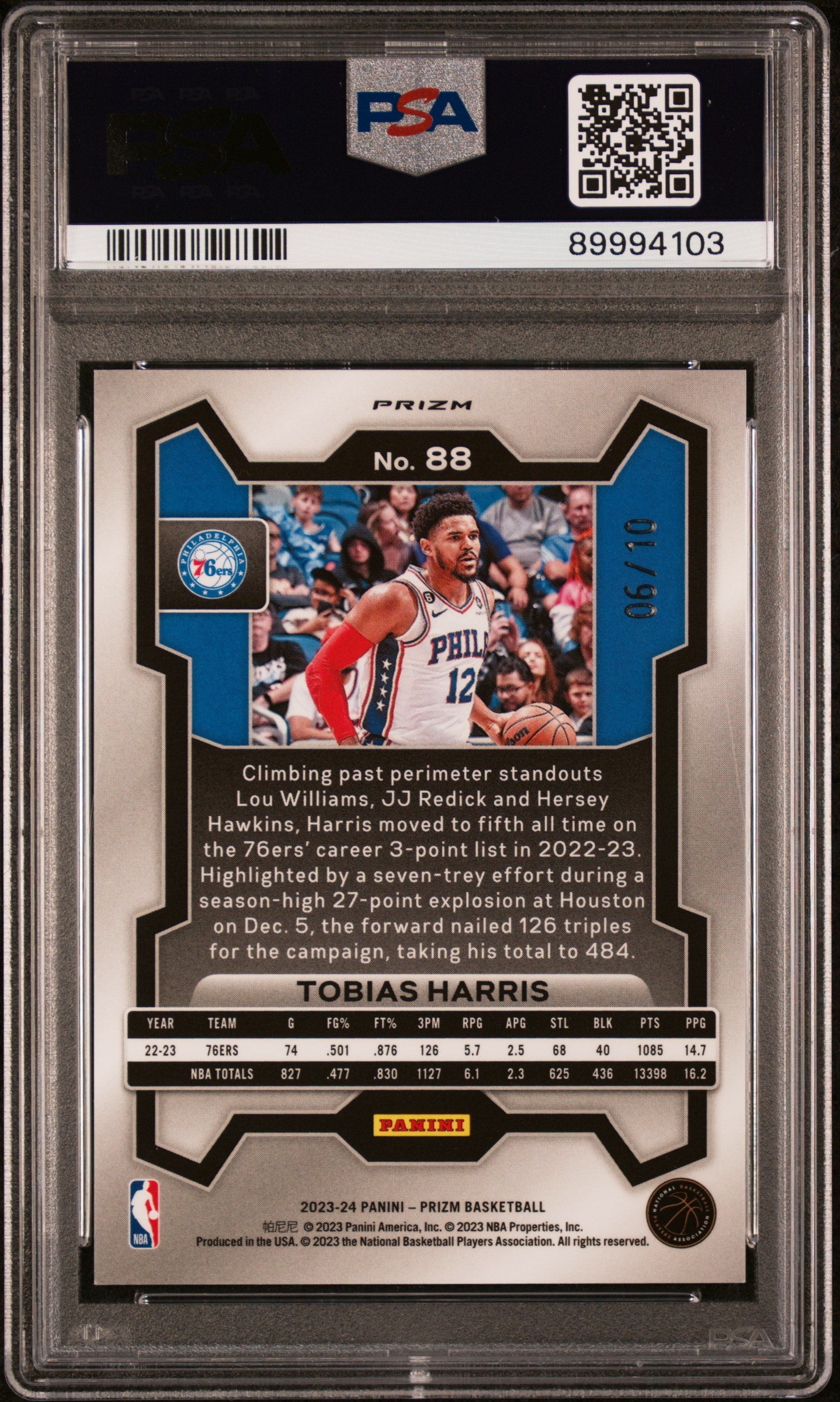 2023 Panini Prizm #88 Tobias Harris Gold Prizm PSA 10