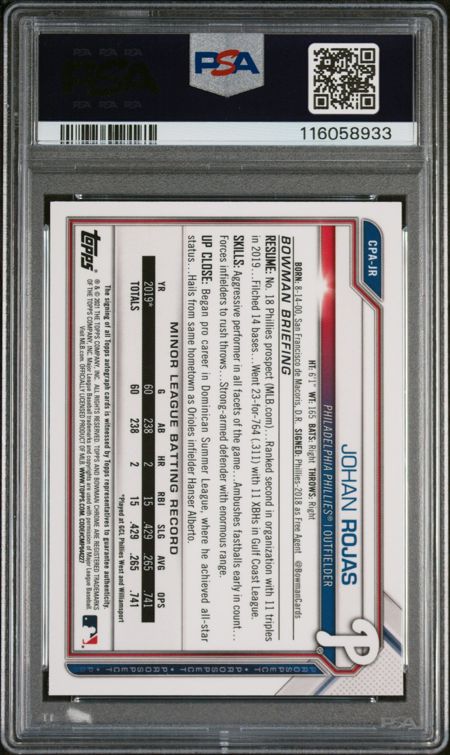 2021 Bowman Chrome Autographs #CPAJR Johan Rojas Chrome Prospect Auto. PSA 9