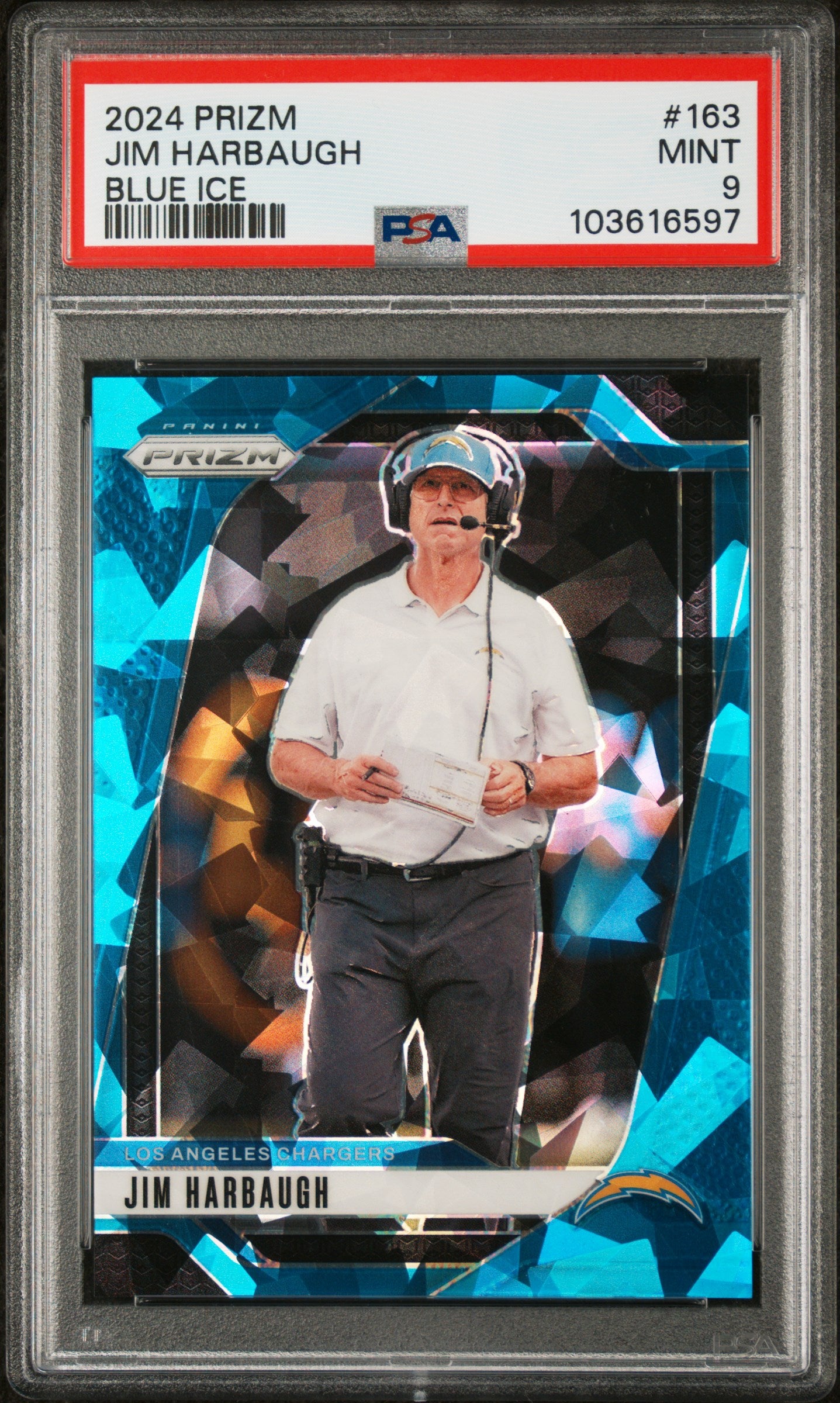 2024 Panini Prizm #163 Jim Harbaugh Blue Ice PSA 9