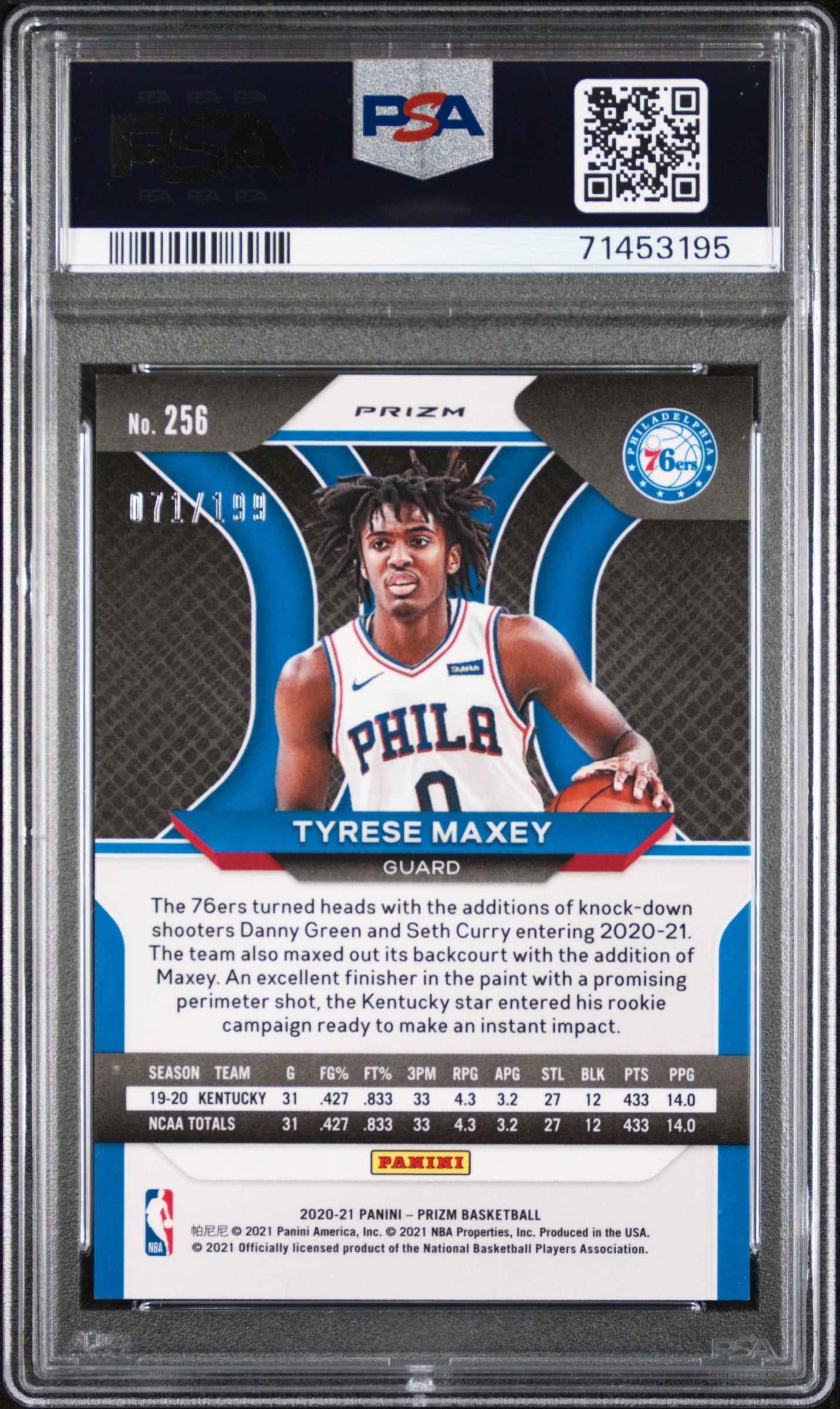 2020 Panini Prizm #256 Tyrese Maxey Blue Prizm PSA 10