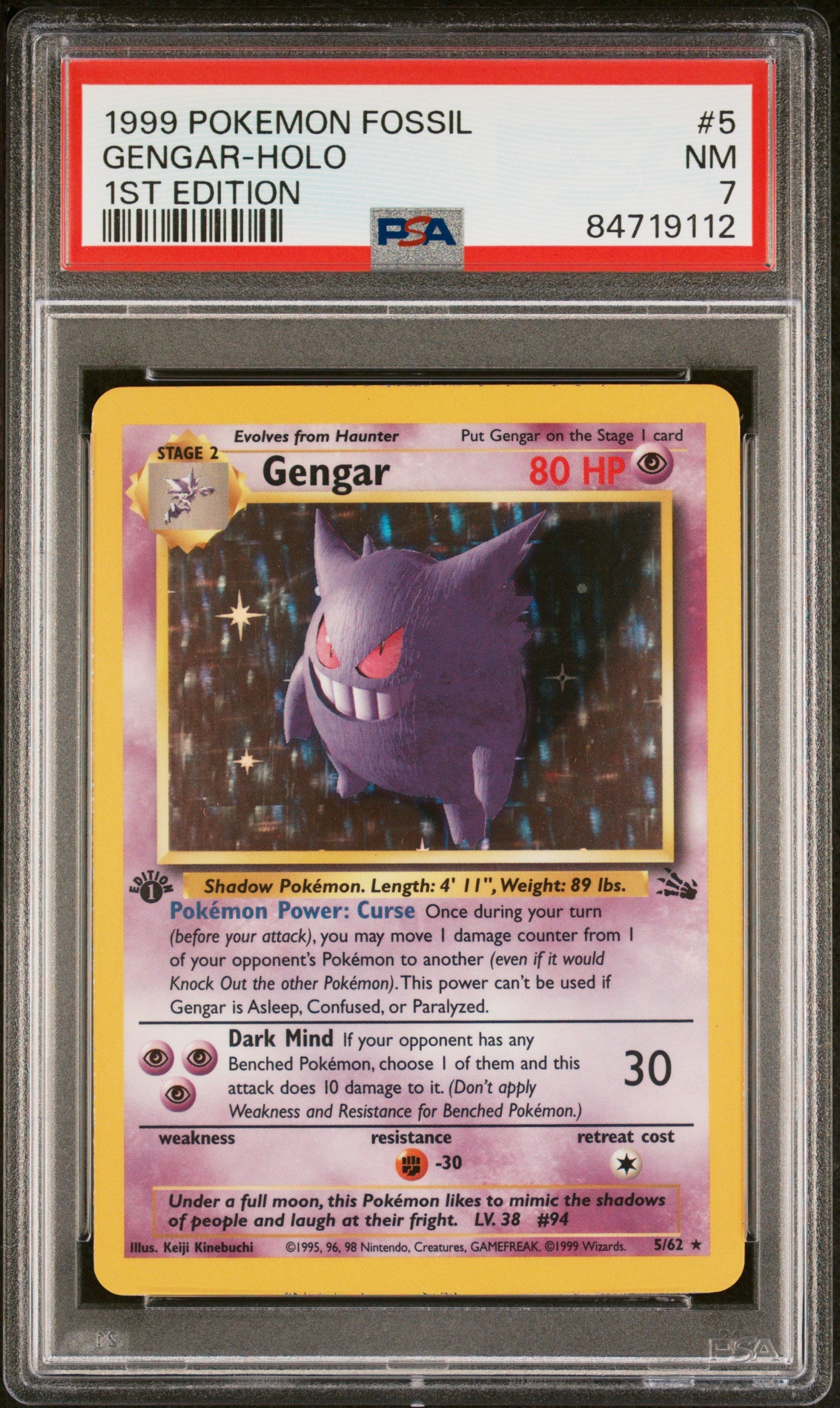 1999 Pokemon Fossil #5 Gengar-Holo 1st Edition PSA 7