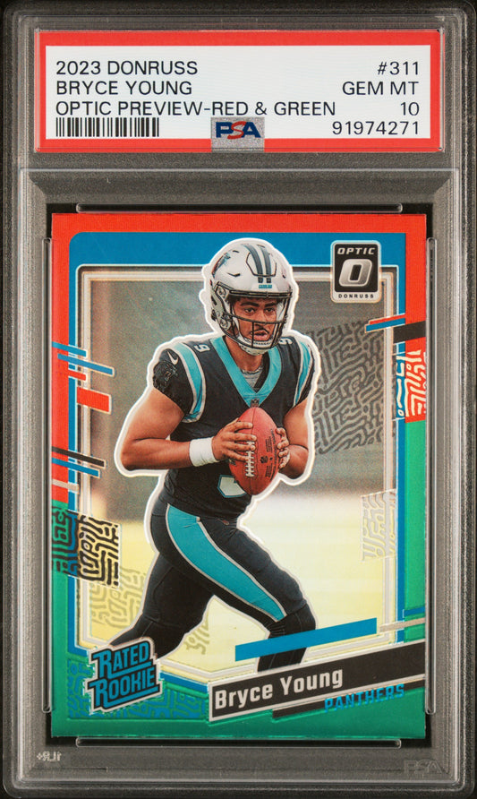 2023 Panini Donruss #311 Bryce Young Optic Preview-Red & Green PSA 10
