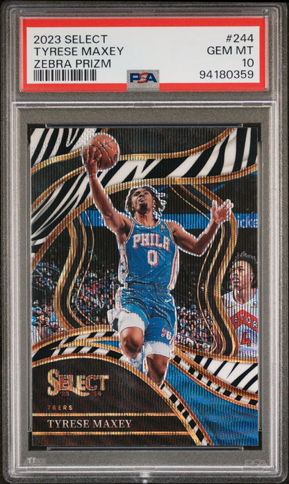 2023 Panini Select #244 Tyrese Maxey Zebra Prizm PSA 10
