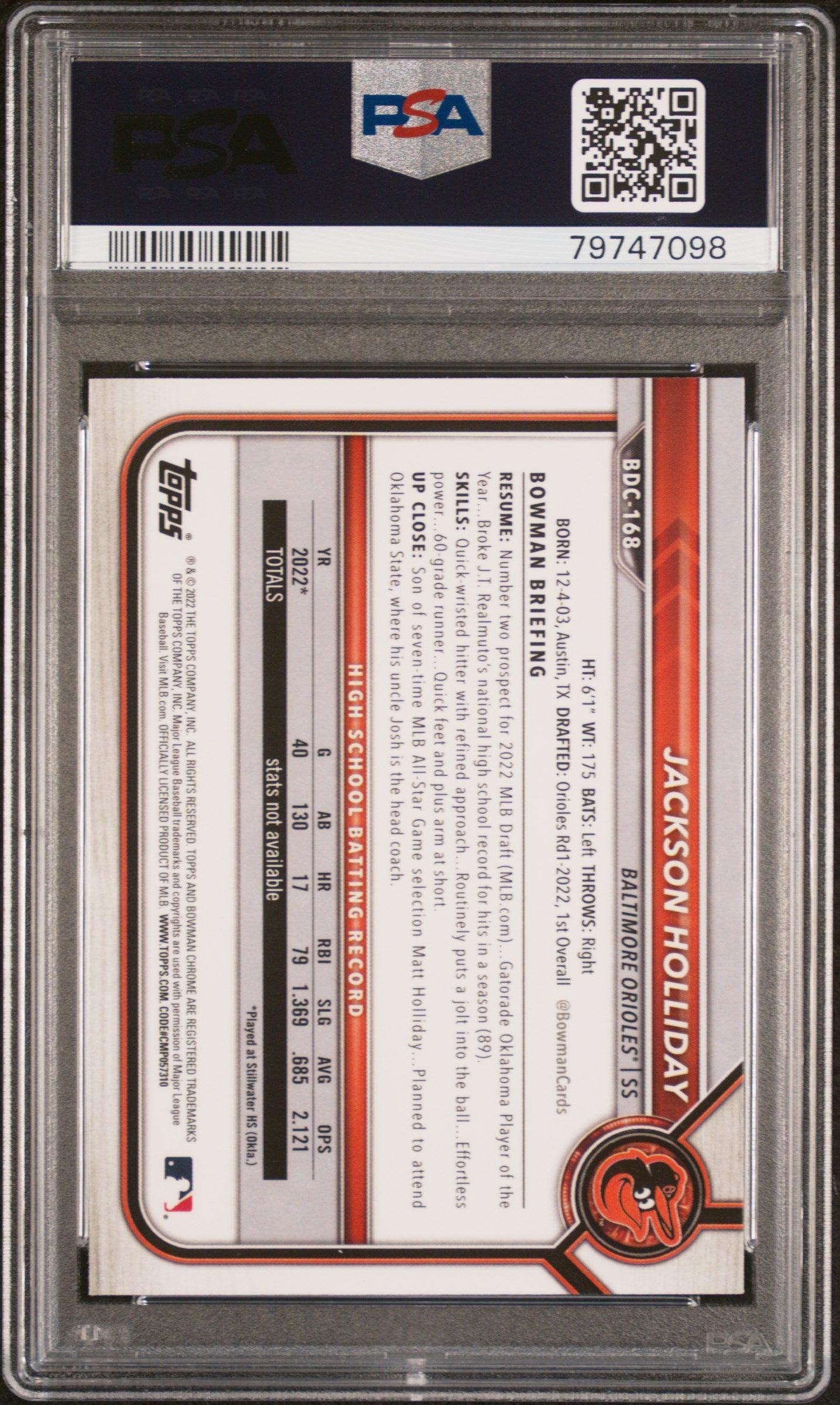2022 Bowman Draft #BDC168 Jackson Holliday Chrome PSA 9