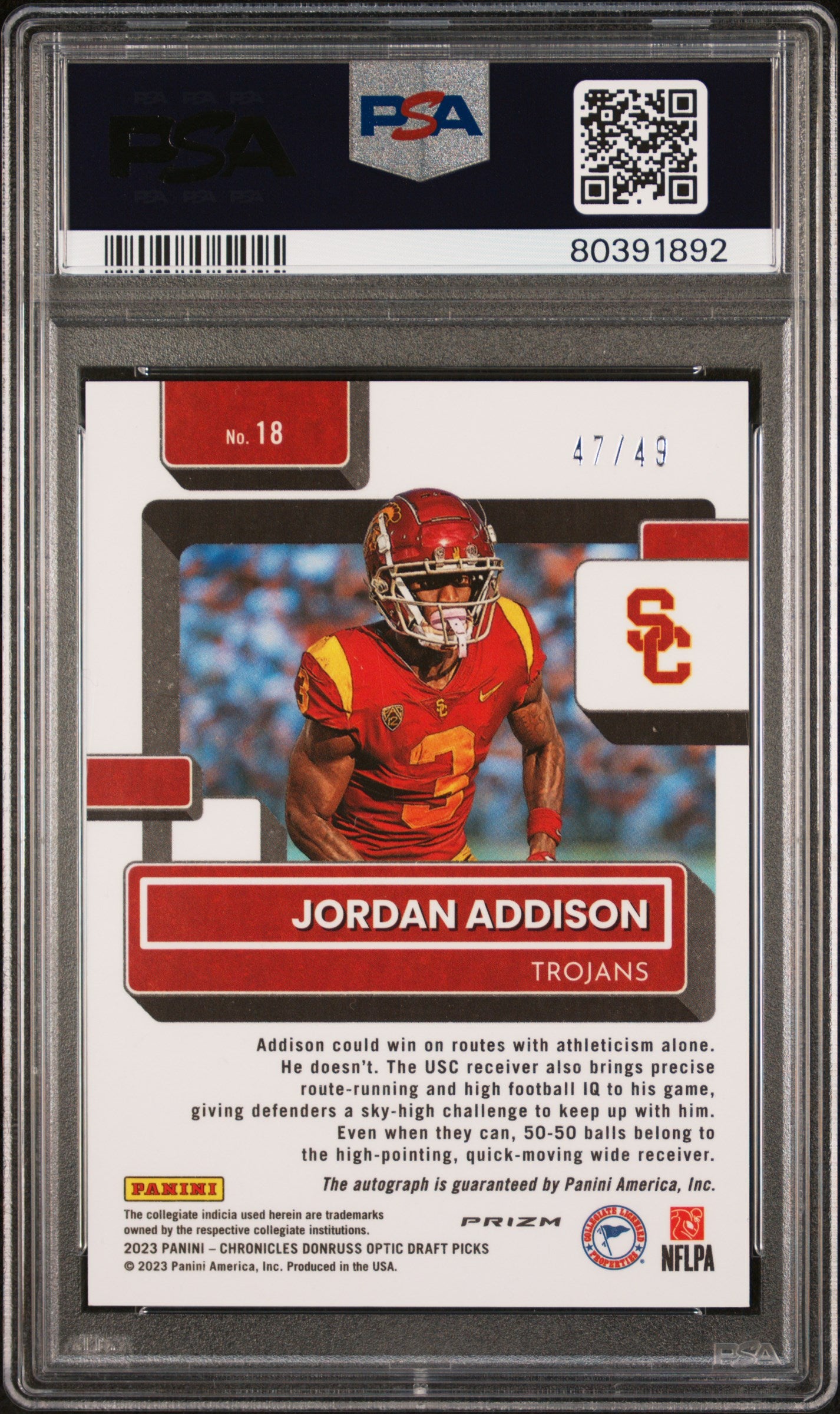 2023 Panini Chronicles DP Optic #18 Jordan Addison Donruss Optic auto PSA 10