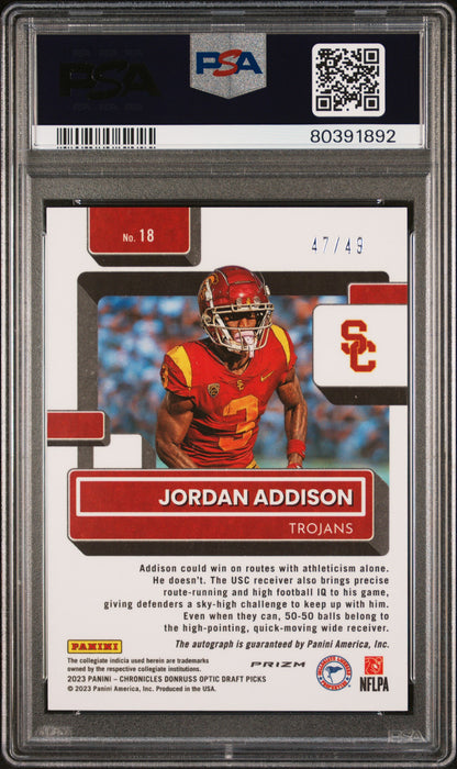 2023 Panini Chronicles DP Optic #18 Jordan Addison Donruss Optic auto PSA 10