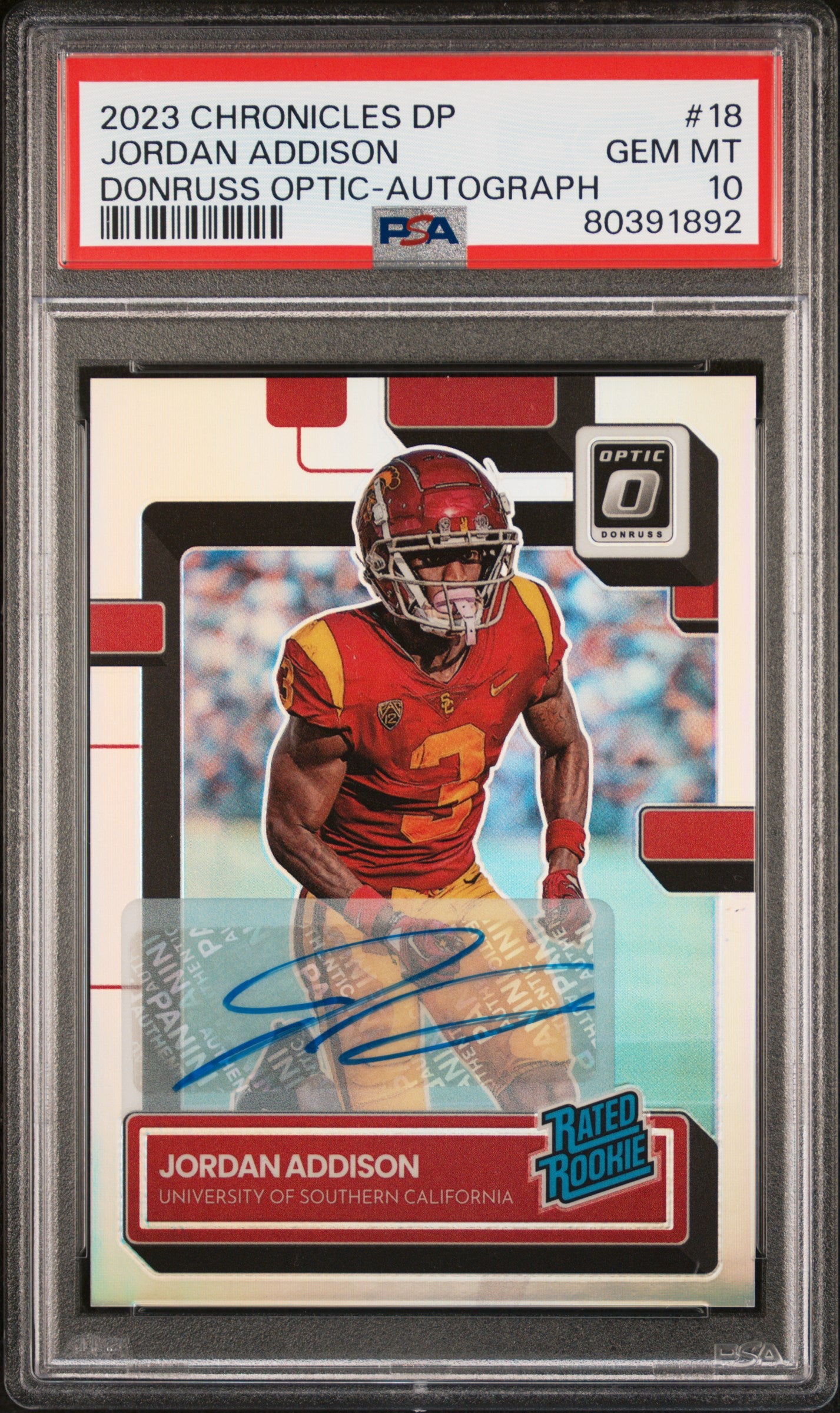2023 Panini Chronicles DP Optic #18 Jordan Addison Donruss Optic auto PSA 10