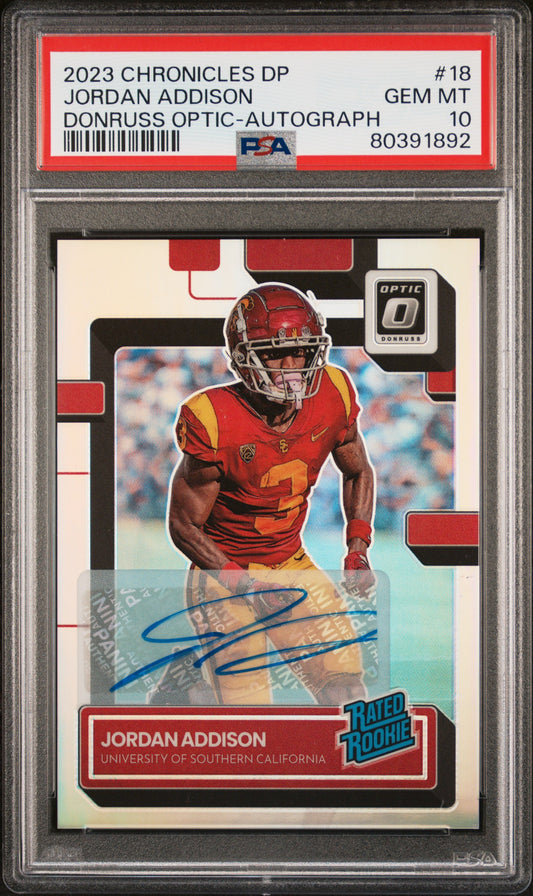 2023 Panini Chronicles DP Optic #18 Jordan Addison Donruss Optic auto PSA 10