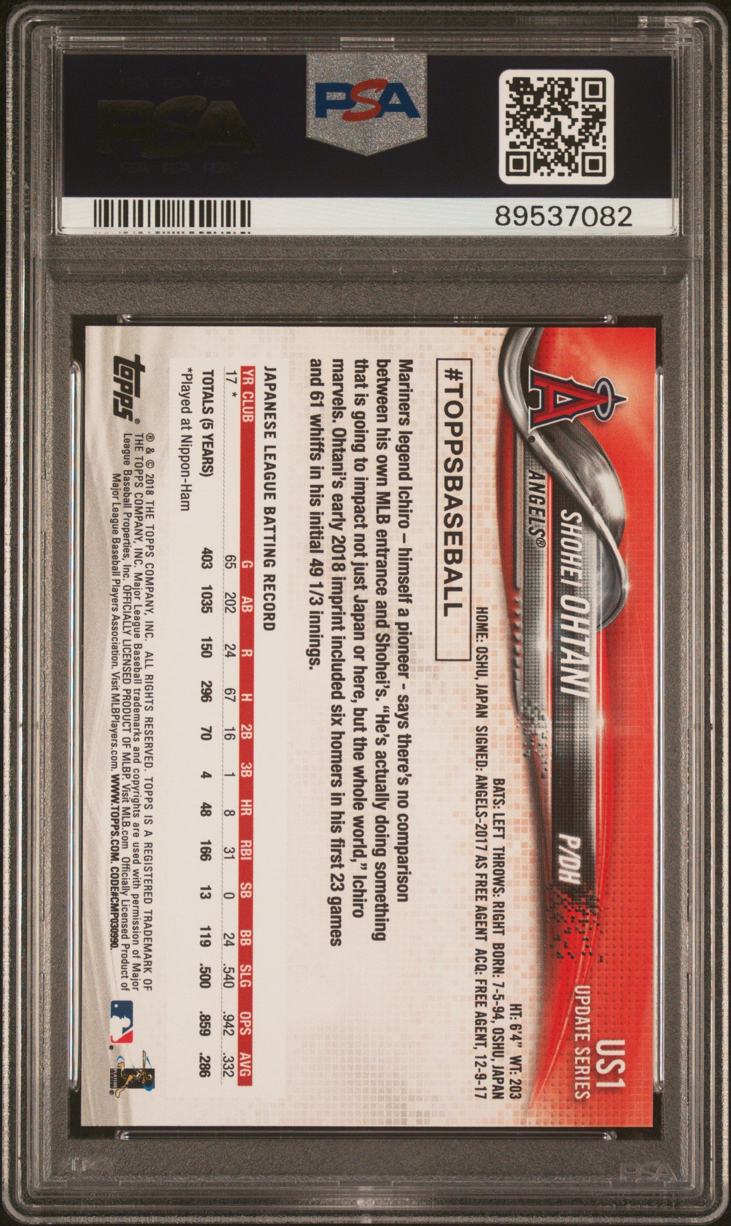 2018 Topps Update #US1 Shohei Ohtani PSA 10