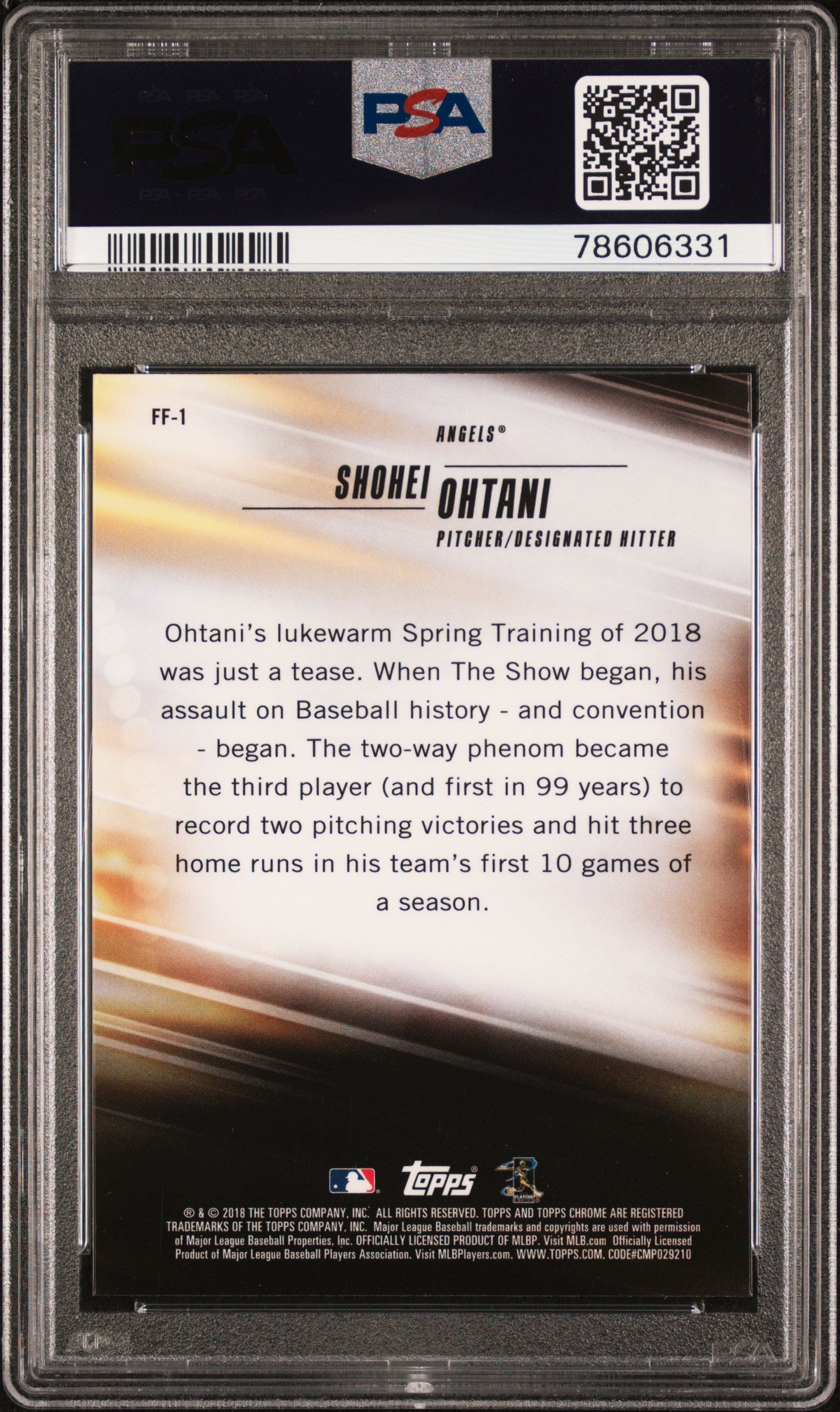 2018 Topps Chrome Freshman Flash #FF-1 Shohei Ohtani Freshman Flash PSA 10
