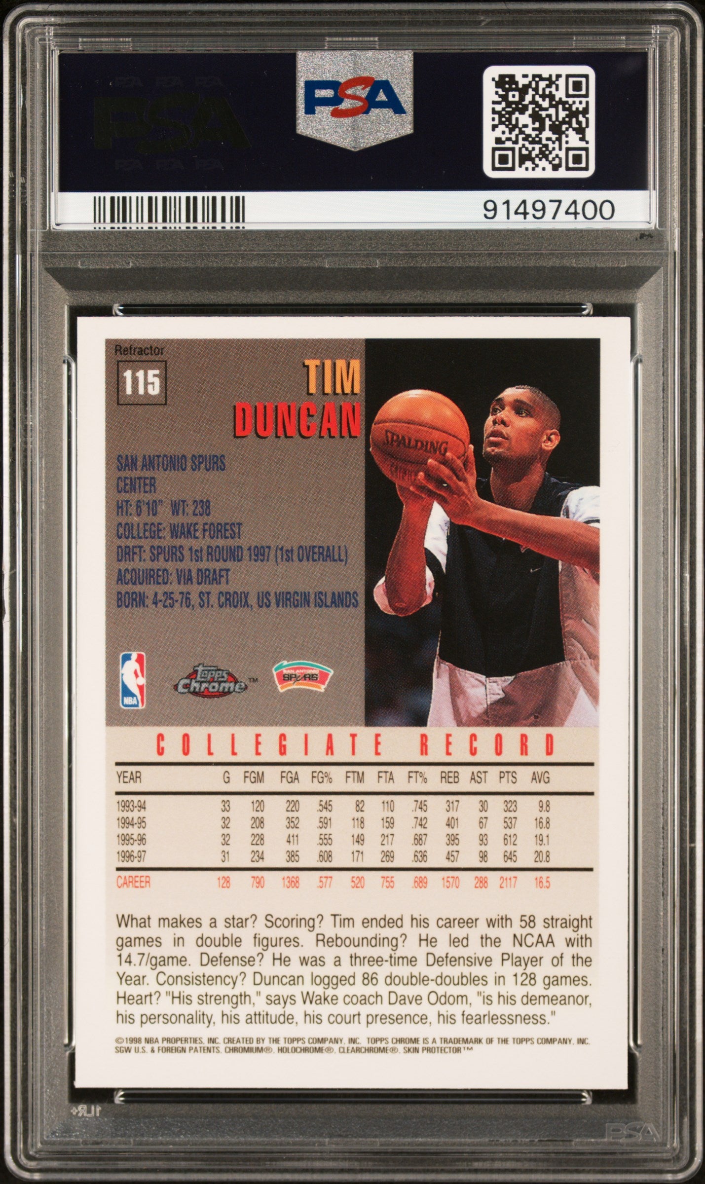 1997 Topps Chrome #115 Tim Duncan Refractor PSA 8