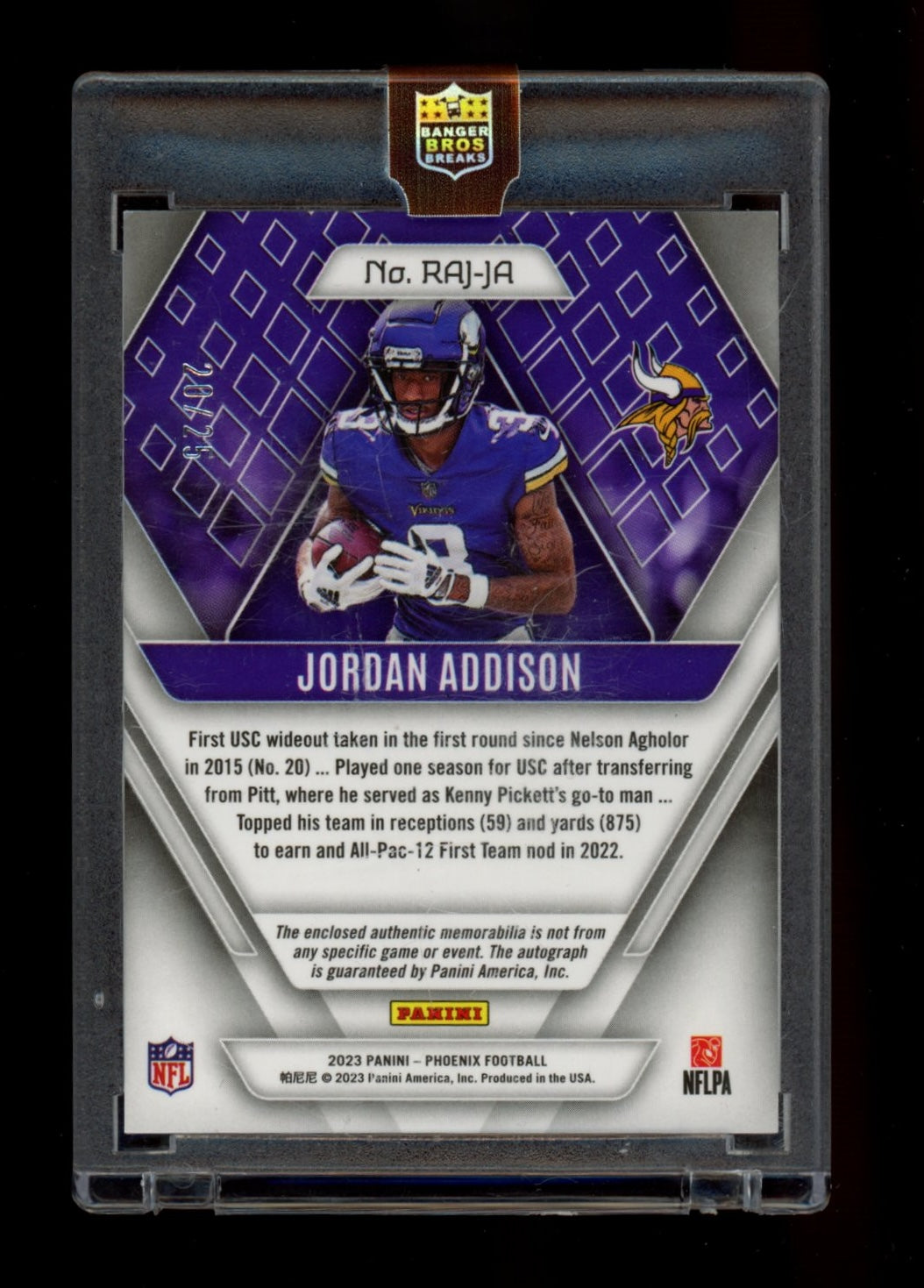 2023 Football 2023 Panini Phoenix Jordan Addison RAJ-JA RPA /25 FOTL RED