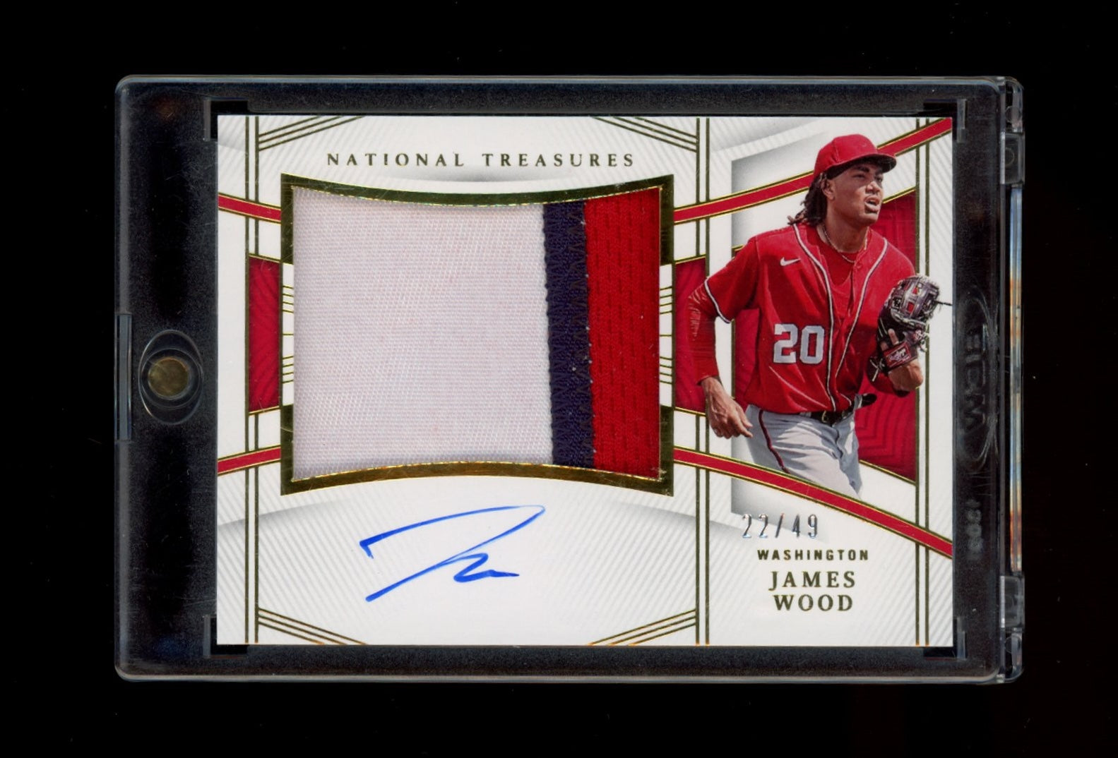 2023 Panini National Treasures #123 James Wood Rookie Material Sig Gold #/49