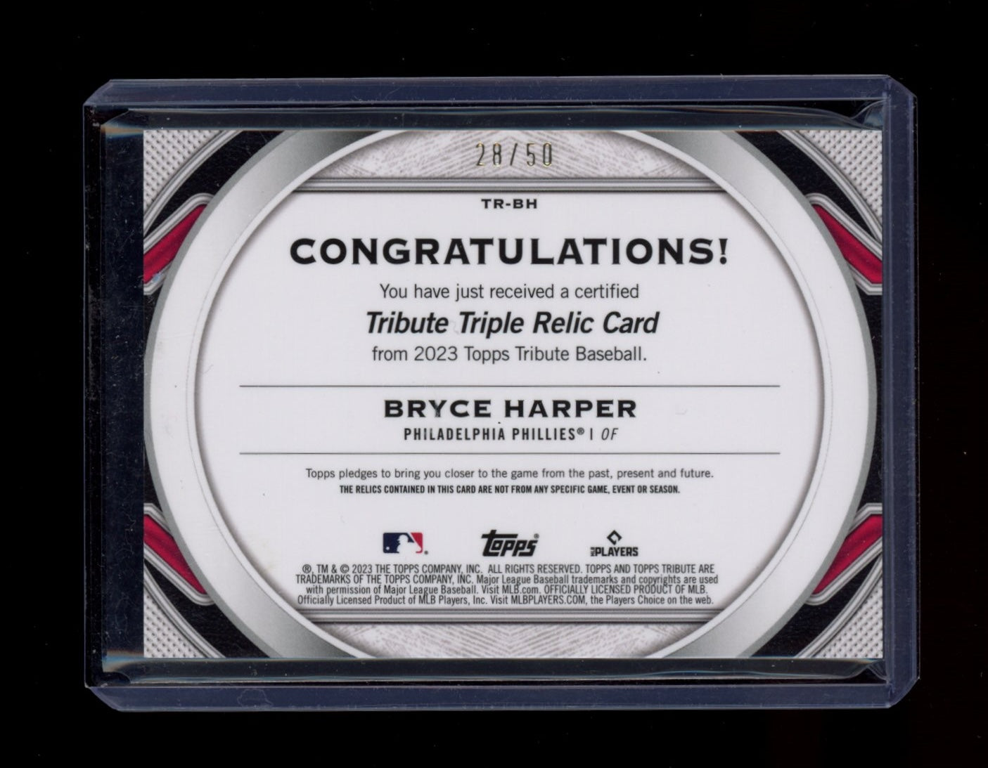 2023 Topps Tribute #TR-BH Bryce Harper Tribute Triple Relics Purple #/50