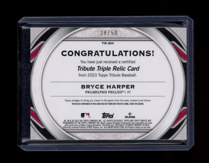 2023 Topps Tribute #TR-BH Bryce Harper Tribute Triple Relics Purple #/50