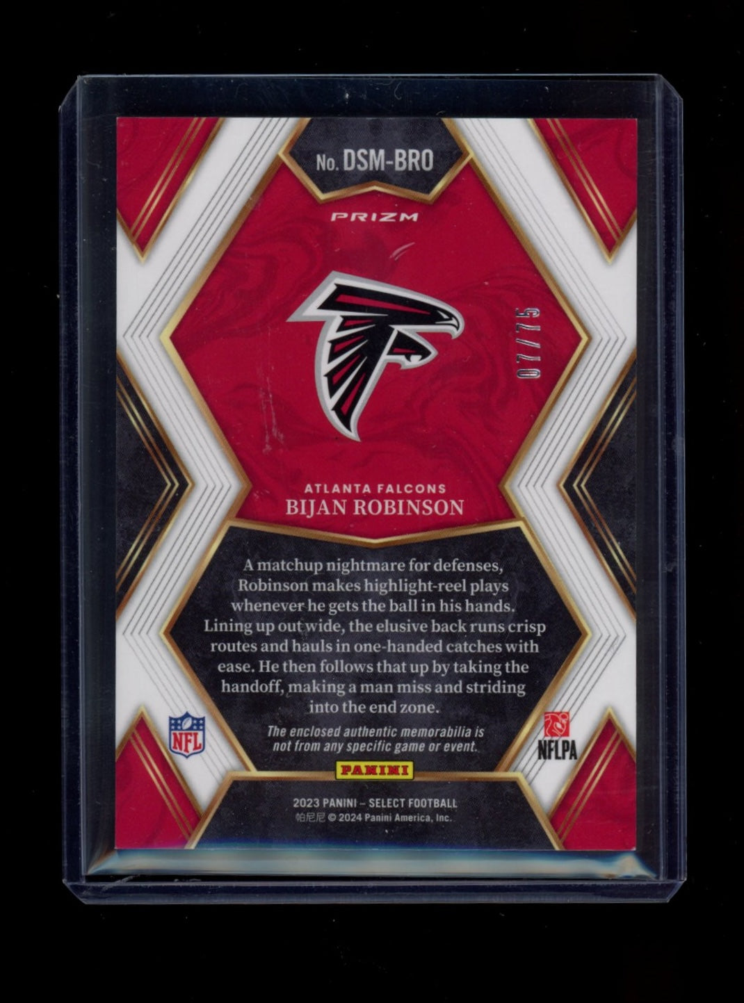 2023 Panini Select #DAM-BRO Bijan Robinson Draft Mem White Prizm #7/75 JRSY #