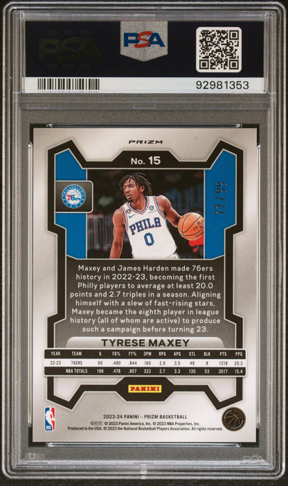 2023 Panini Prizm #15 Tyrese Maxey Blue Seismic PSA 10 /99