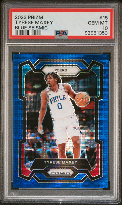 2023 Panini Prizm #15 Tyrese Maxey Blue Seismic PSA 10 /99
