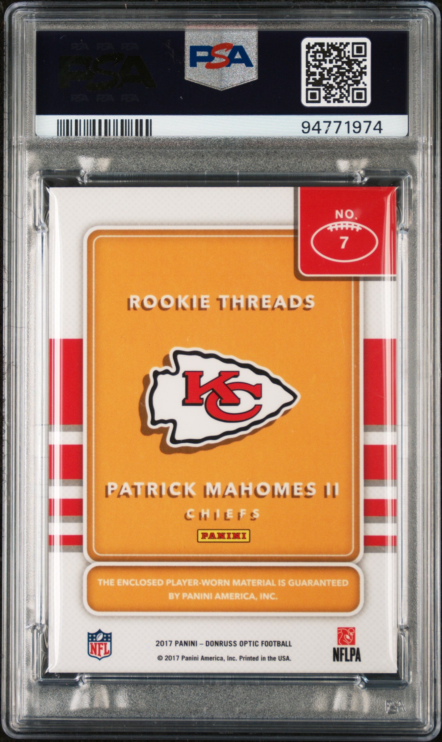 2017 Panini Optic Rookie Threads #7 Patrick Mahomes Ii Rookie Threads PSA 10