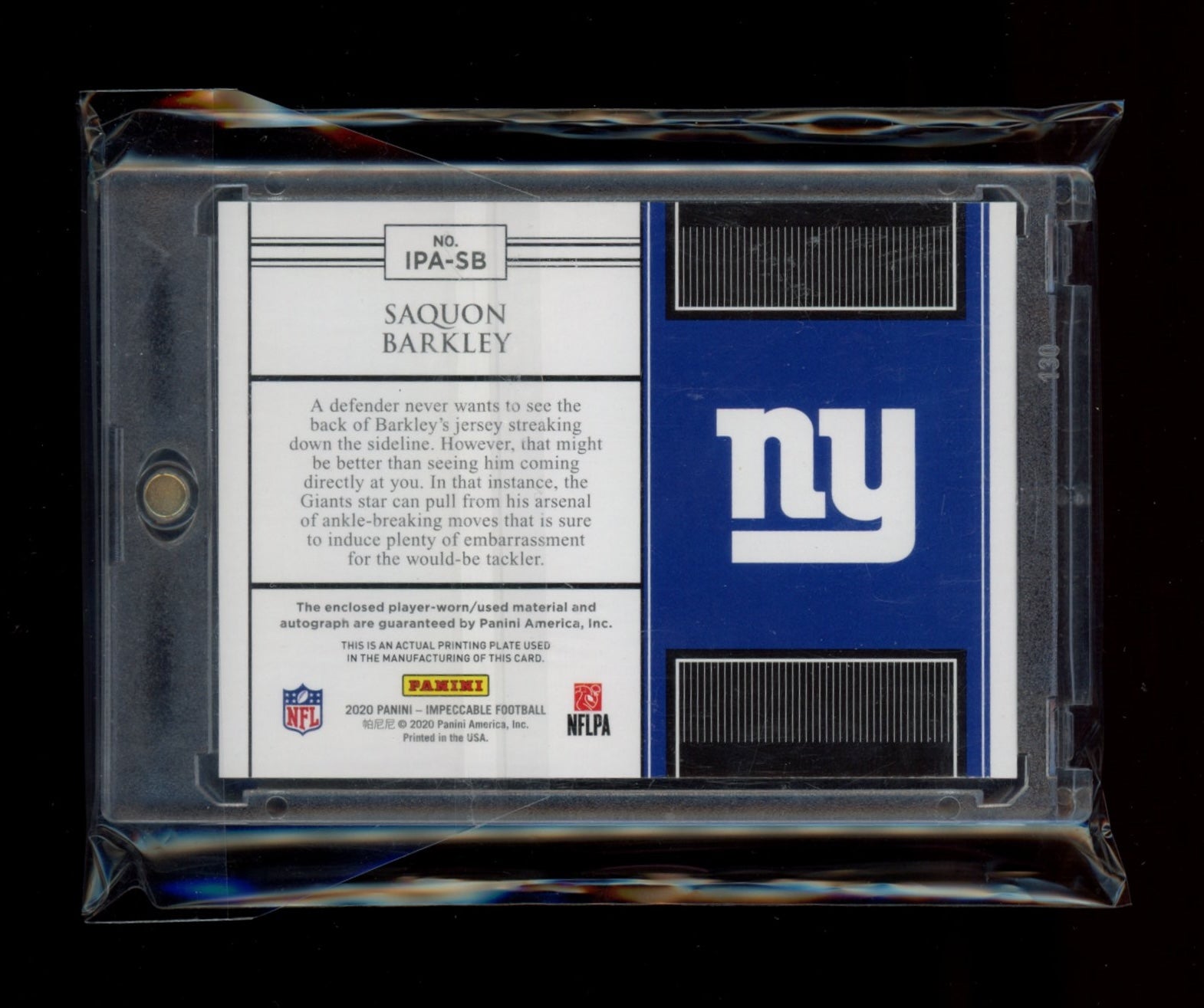 2020 Panini Impeccable #IPA-SB Saquon Barkley Immense Patch Autos #/15