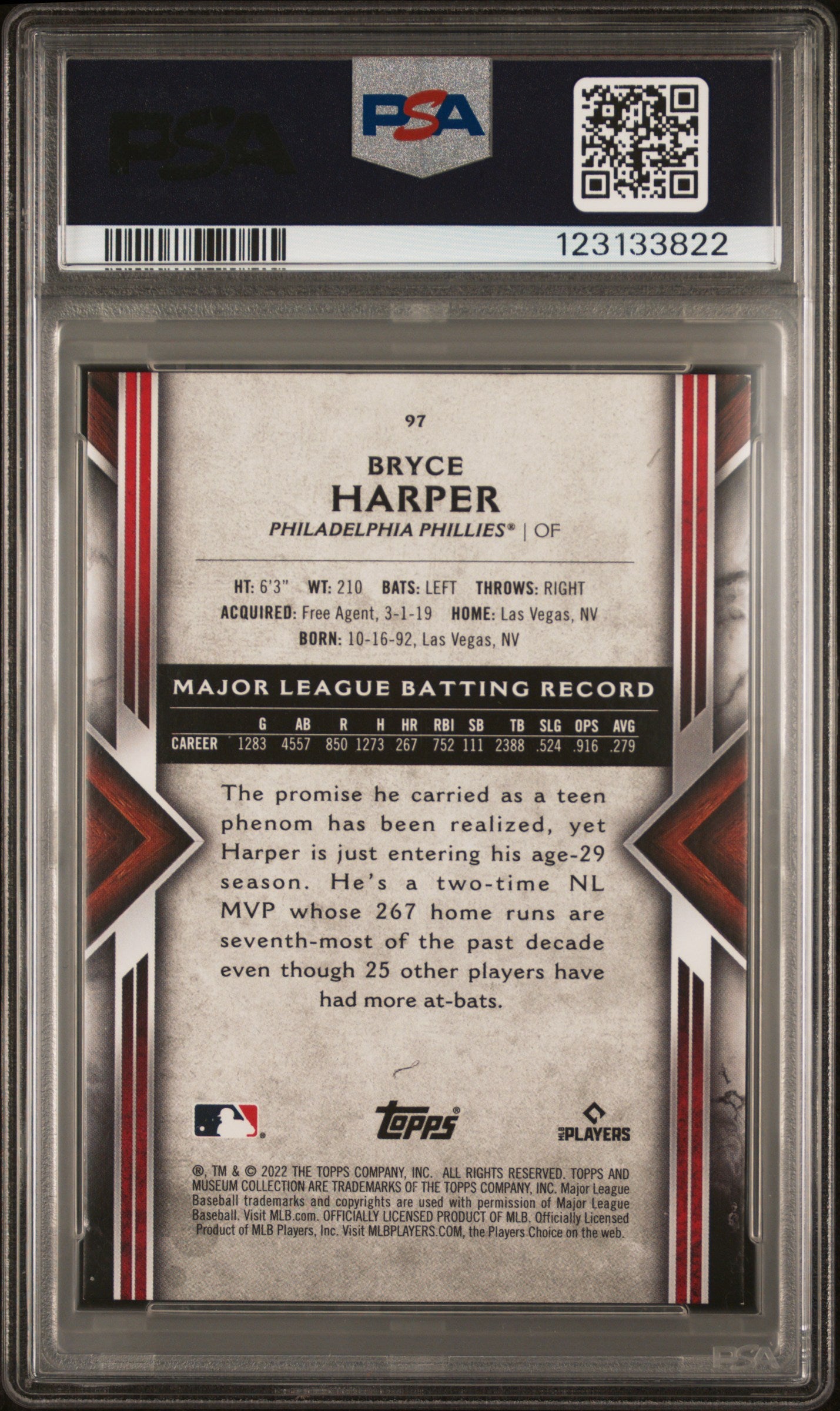2022 Topps Museum Collection #97 Bryce Harper Emerald 1/1 PSA 7