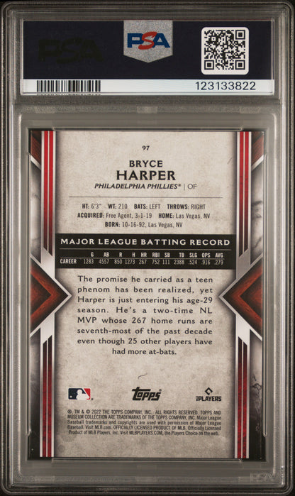 2022 Topps Museum Collection #97 Bryce Harper Emerald 1/1 PSA 7