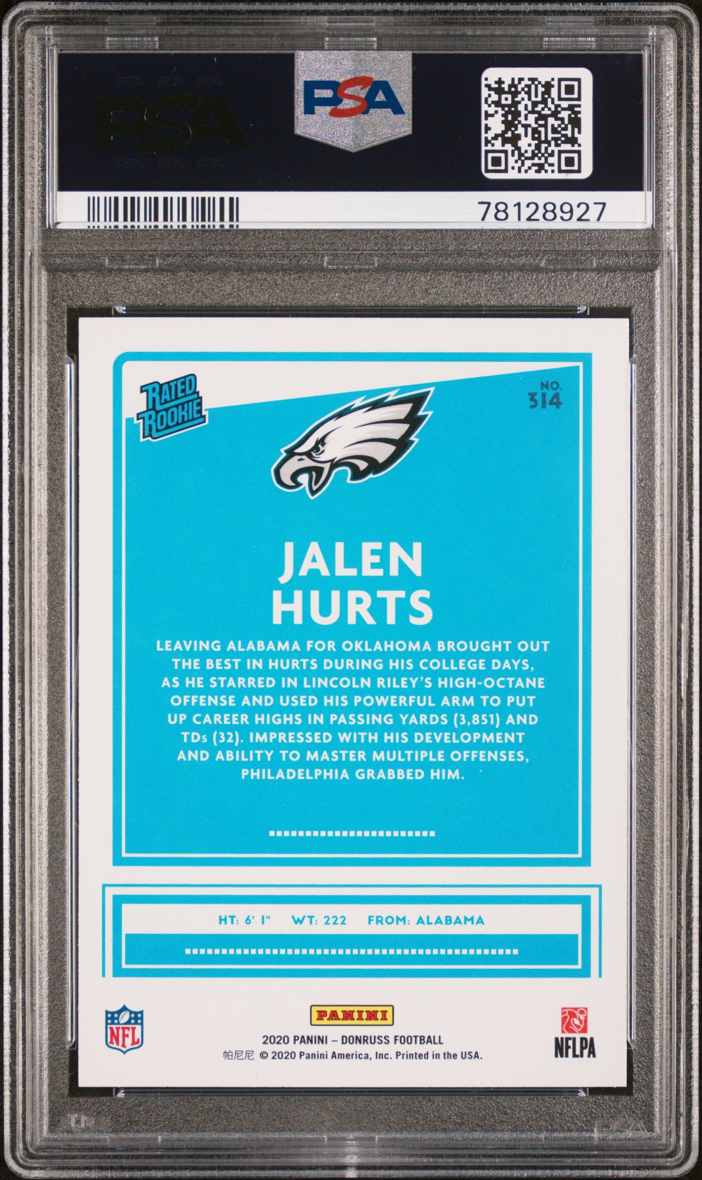 2020 Panini Donruss #314 Jalen Hurts Blue Press Proof PSA 9
