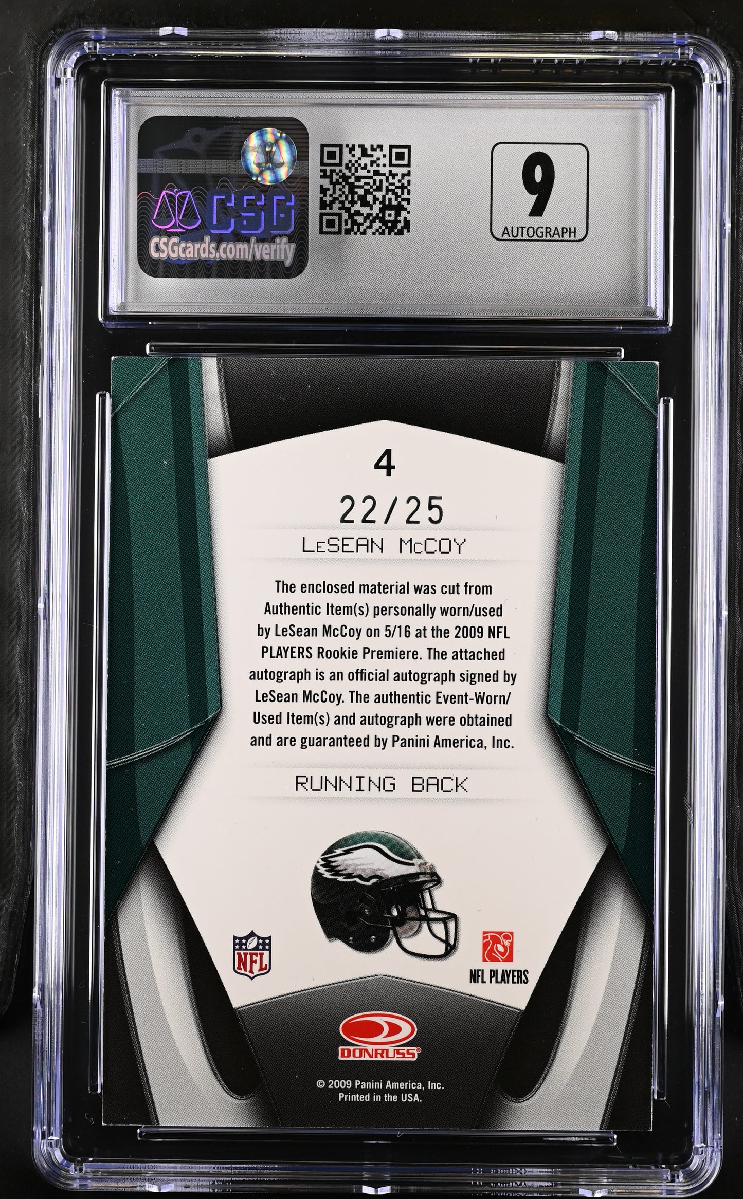 2009 Gridiron Gear #4 LeSean McCoy Next Generation Jersey Signatures CGC 8.5