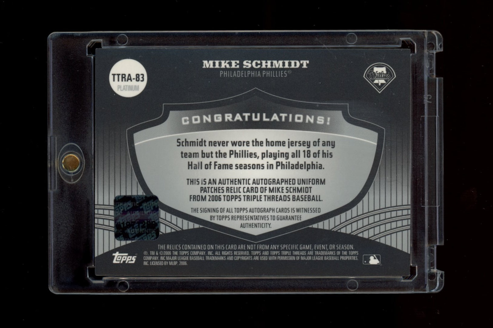 2006 Topps Triple Threads #TTRA-83 Mike Schmidt Relic Autograph Platinum #/3