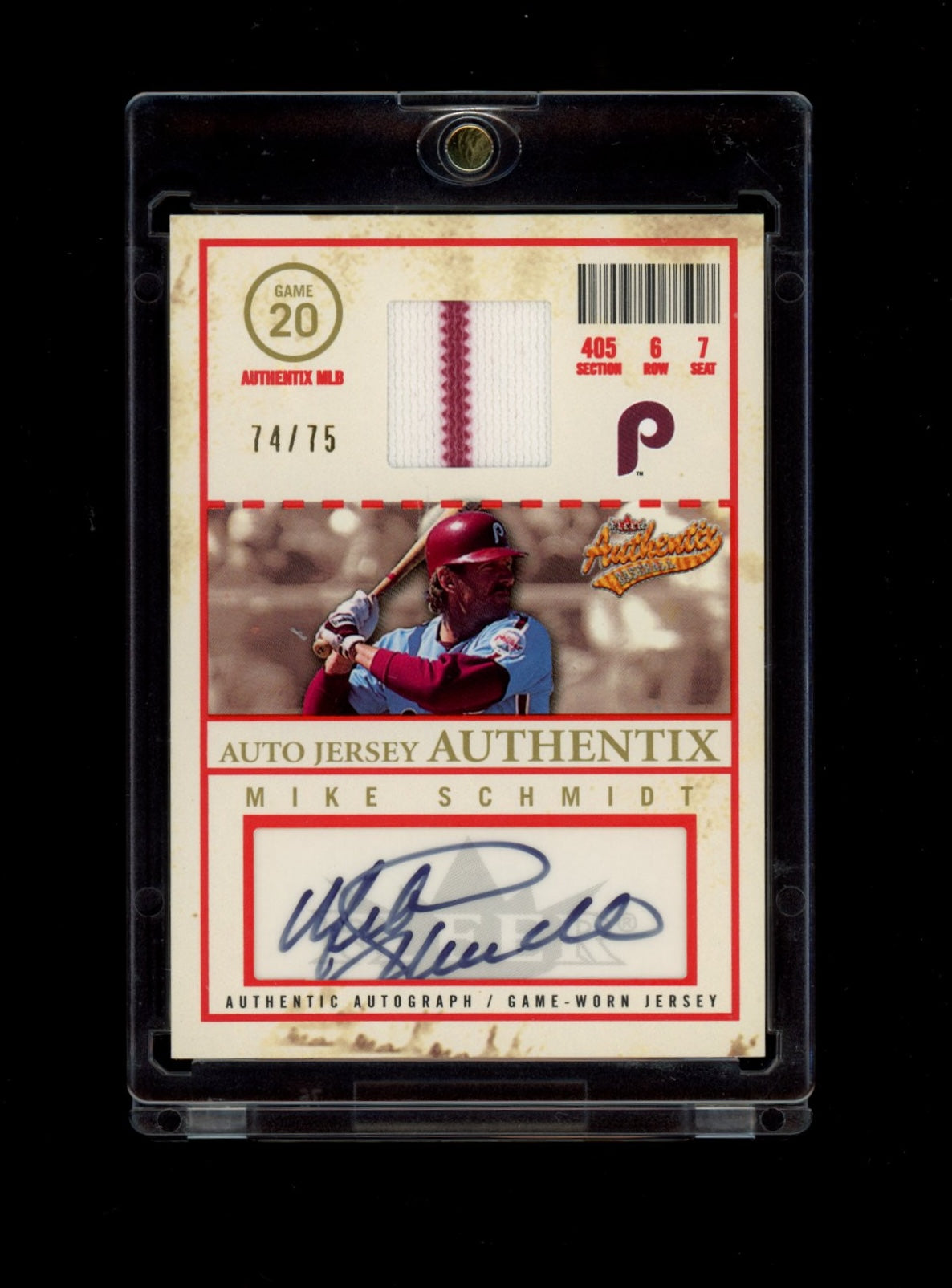 2005 Fleer Authentix #AJA-MS Mike Schmidt Auto Jersey General Admission #/75