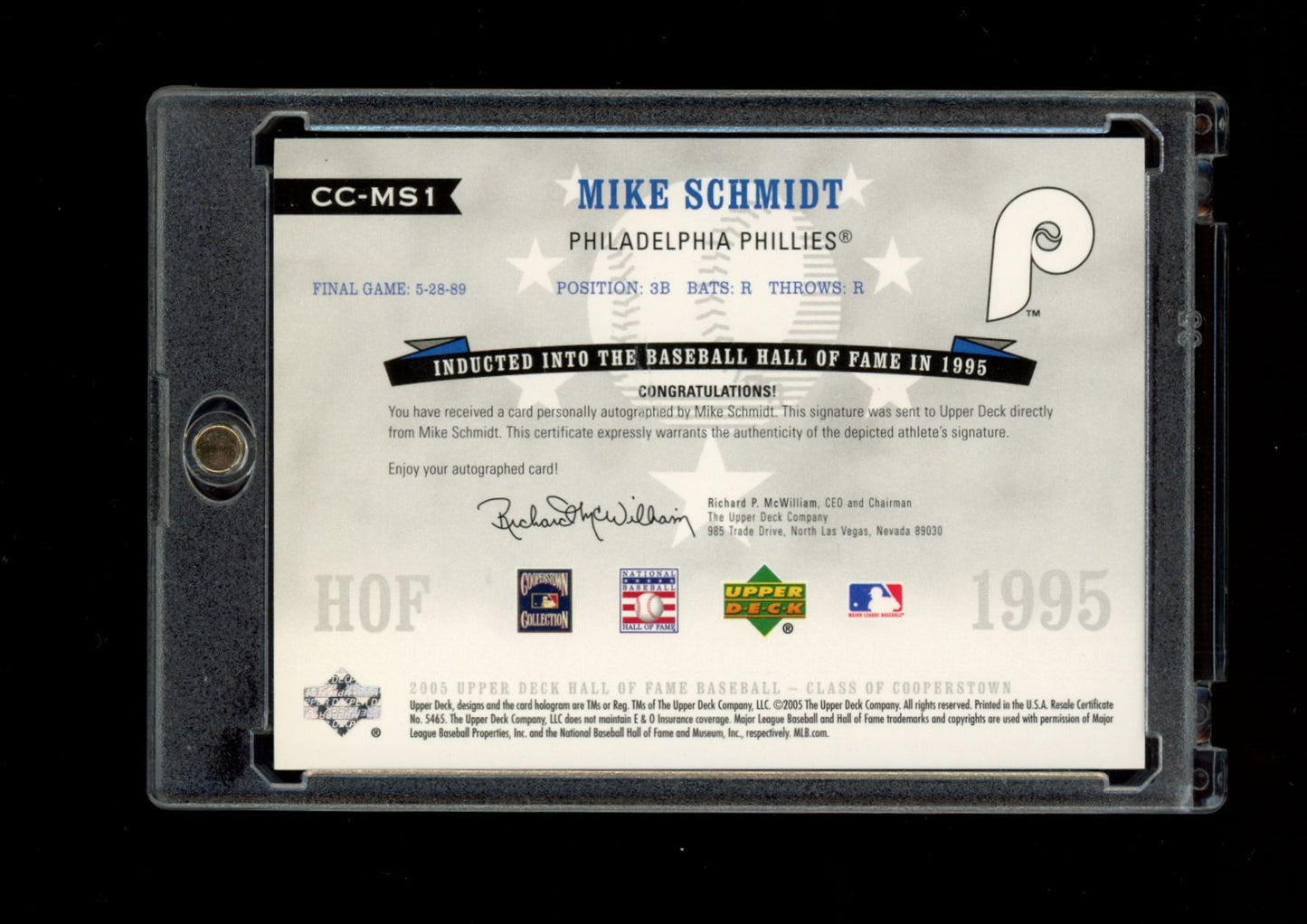 2005 Upper Deck HOF #CC-MS1 Mike Schmidt Class of Cooperstown Auto #/25