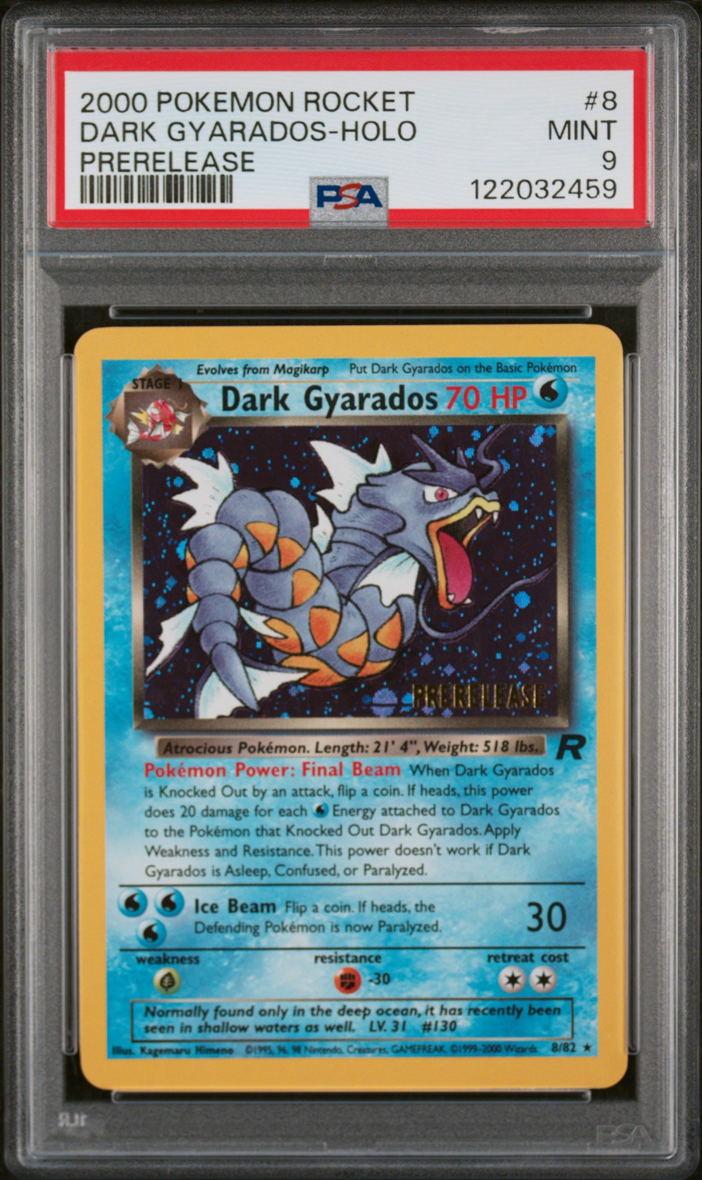 2000 Pokemon Rocket #8 Dark Gyarados-Holo Prerelease PSA 9