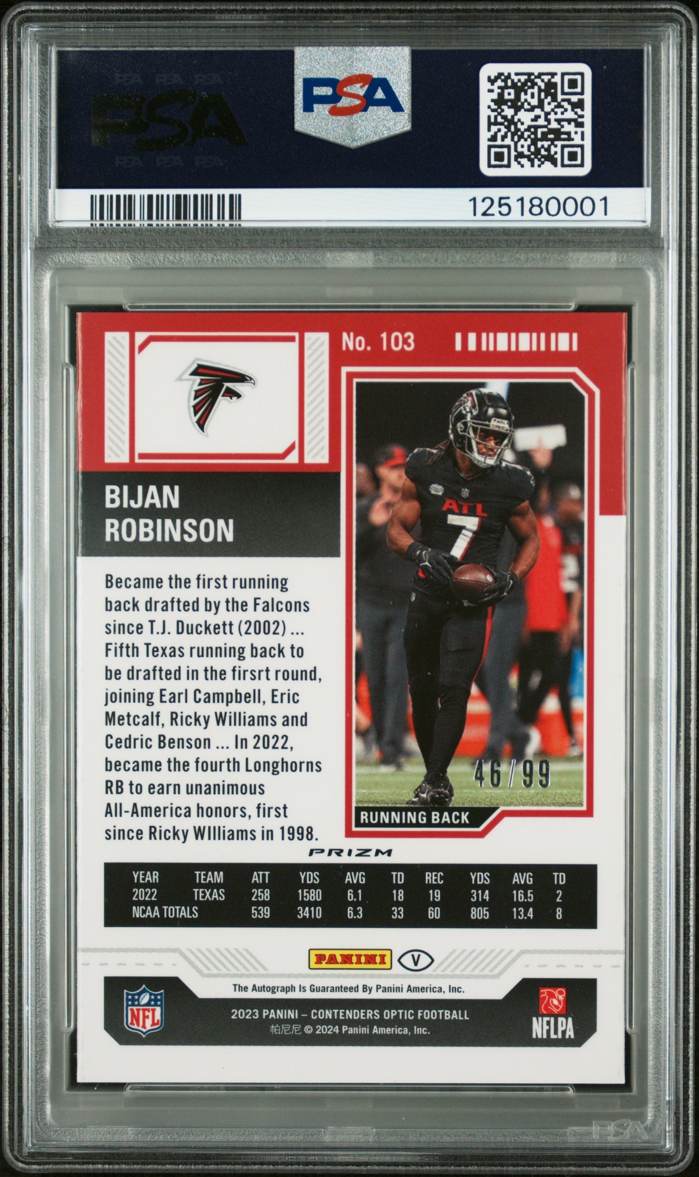 2023 Panini Contenders Optic #103 Bijan Robinson Variation-Autograph-Red PSA 9