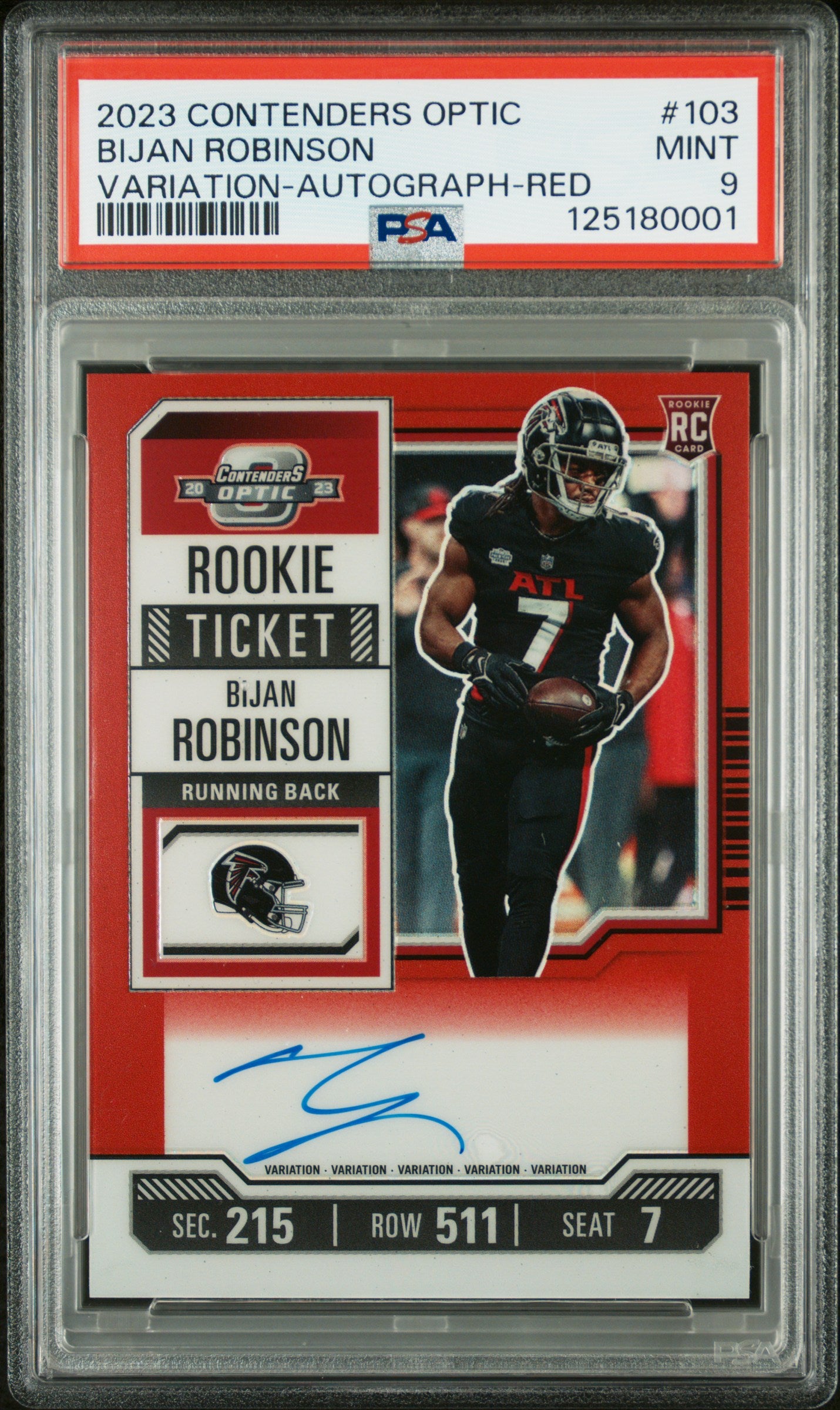 2023 Panini Contenders Optic #103 Bijan Robinson Variation-Autograph-Red PSA 9