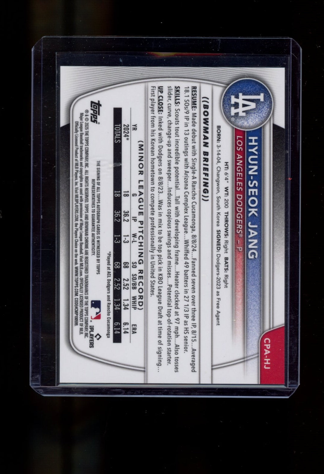 2025 Bowman #CPA-HJ Hyun-Seok Jang Chrome Prospects Autographs