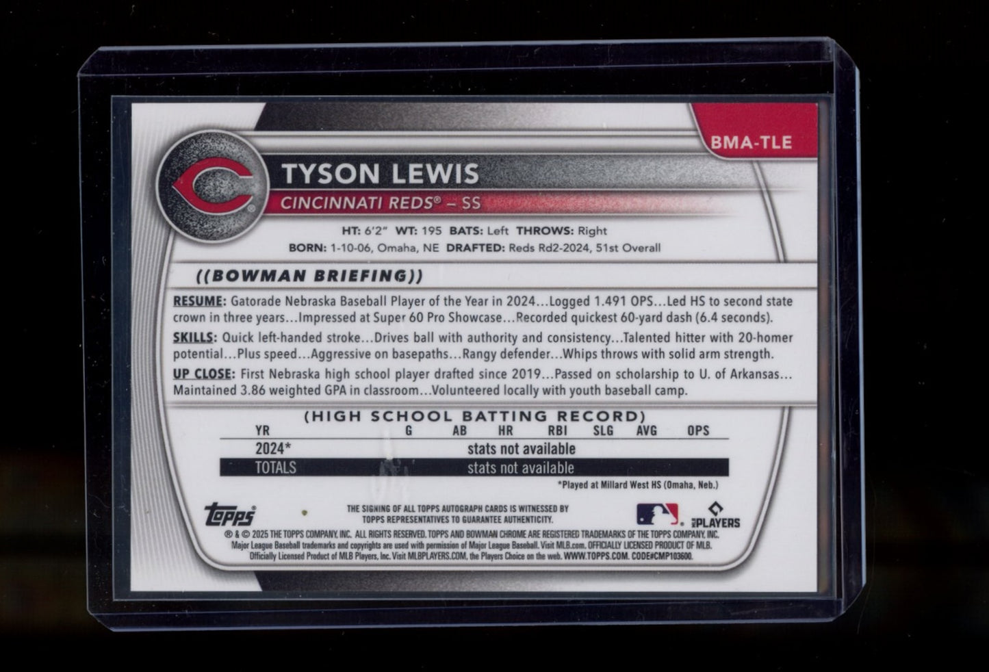 2025 Bowman #BMA-TLE Tyson Lewis Chrome Prospects Autographs Mojo Refractor