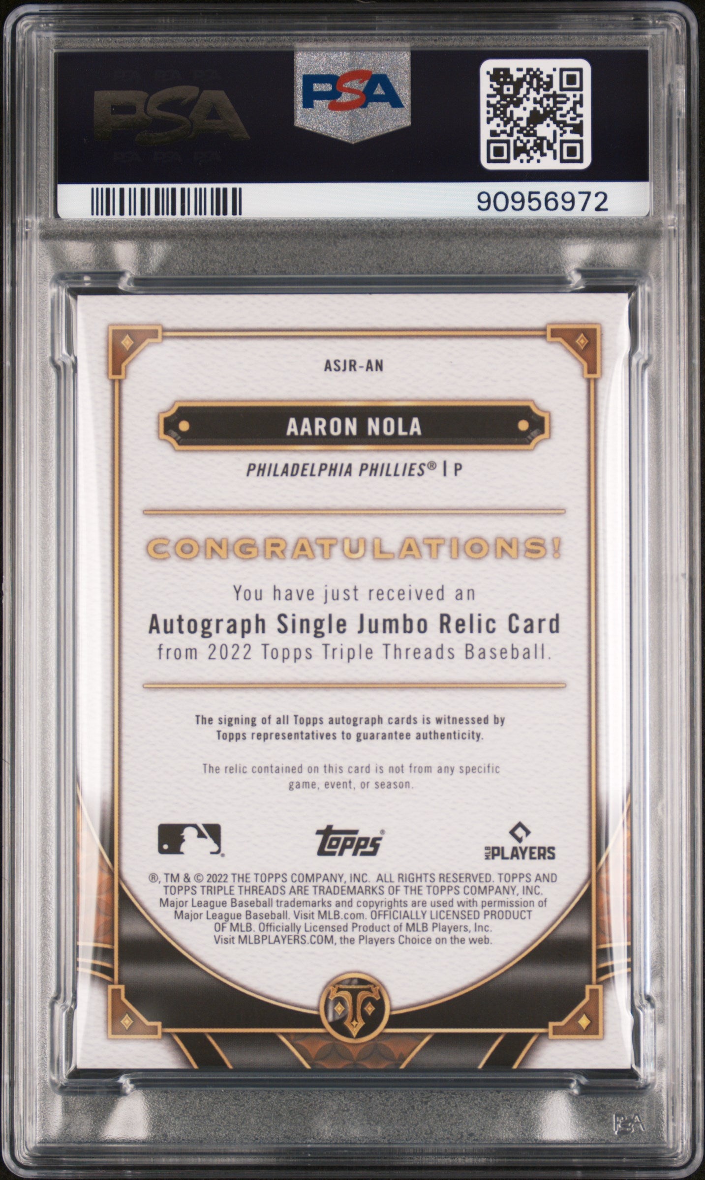 2022 Topps Triple Threads Autograph Jumbo Relics #ASJRAN Aaron Nola Auto PSA 8