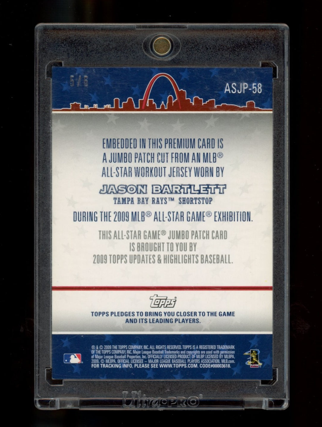 2009 Topps Updates #ASJP-58 Jason Bartlett All-Star Jumbo Patches #/6