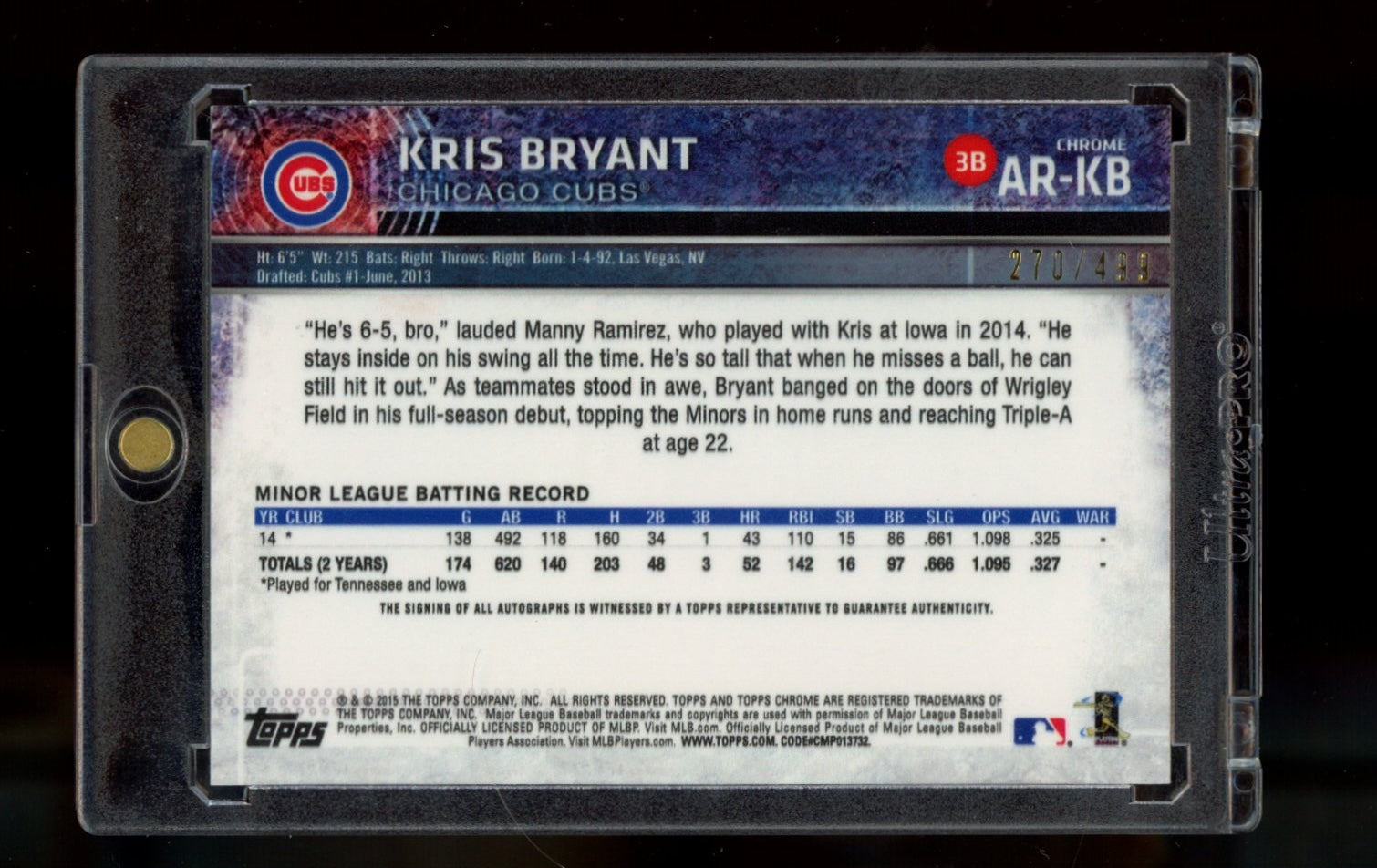 2015 Topps Chrome #AR-KB Kris Bryant Autographed Rookies Refractor #/499