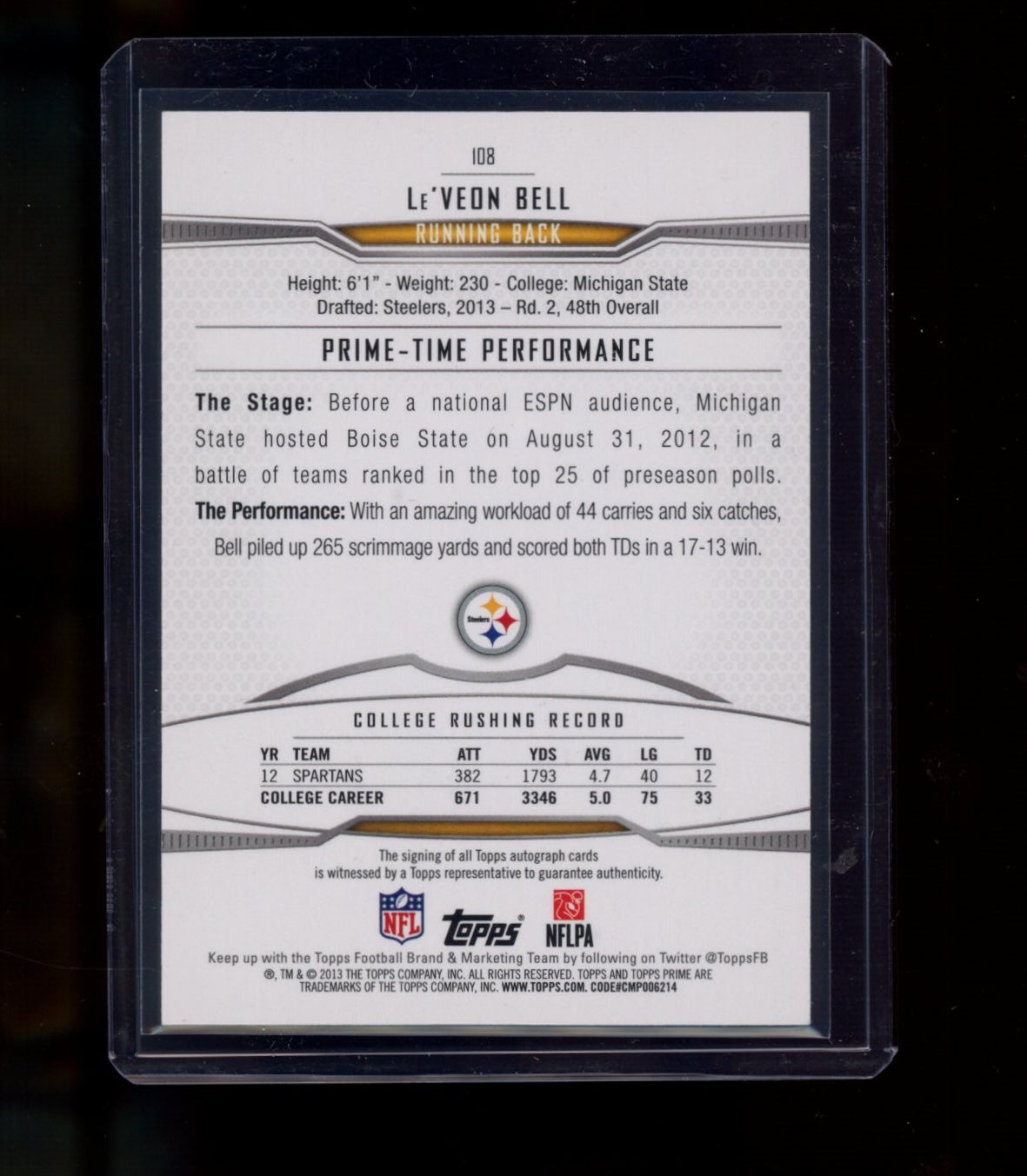 2013 Topps Prime #108 Le'Veon Bell Autographs Silver Rainbow #/25