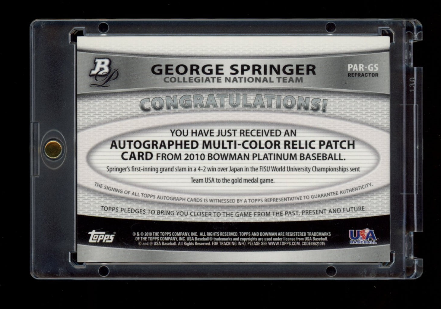 2010 Bowman Platinum #PAR-GS George Springer Relic Auto Green Refractors #/199
