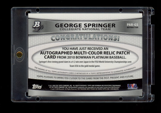 2010 Bowman Platinum #PAR-GS George Springer Relic Auto Green Refractors #/199